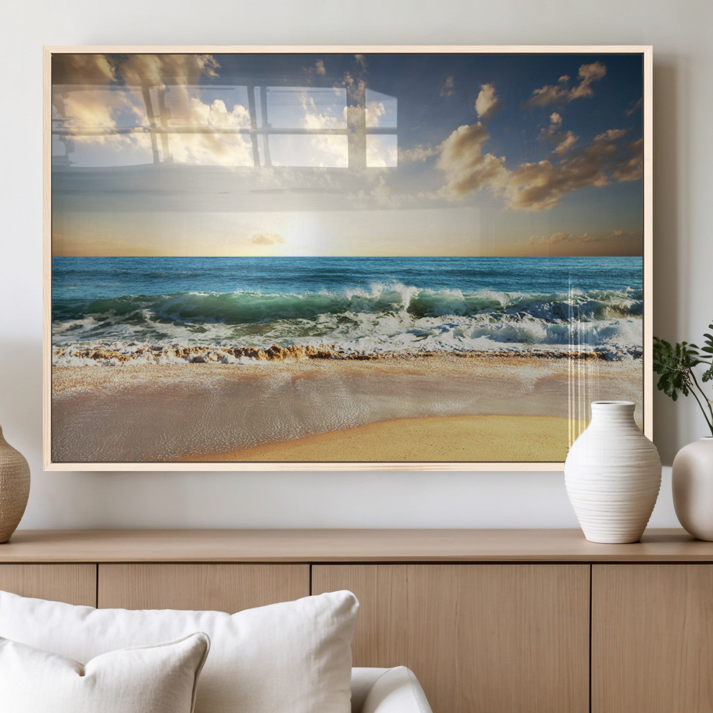 83376-MGV-FP-36X24-3P_Natural-Golden Sunset Beach Triptych Canvas Wall Art for Living Room – 3-Panel Ocean View, Framed & Ready to