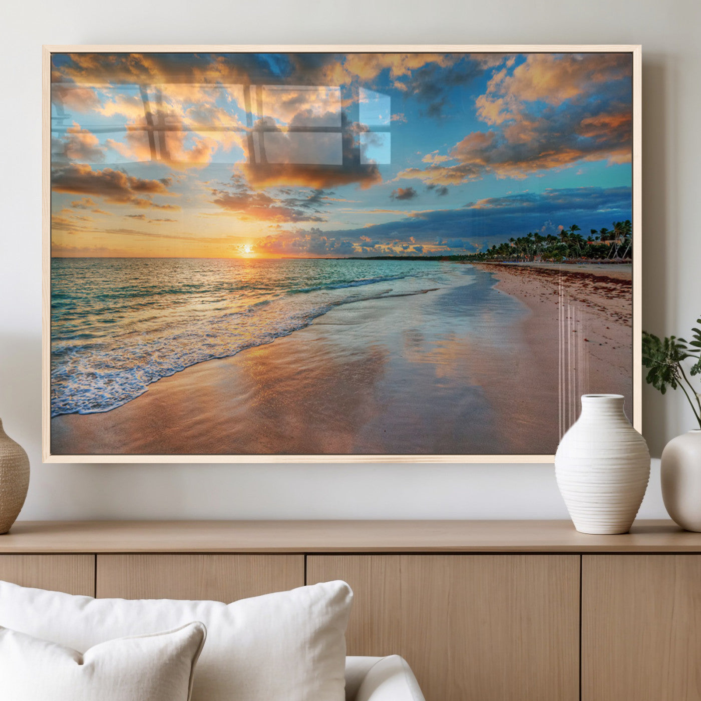 59240-MGV-FP-36X24-3P_Natural-Serene Beach Sunset Wall Art | Coastal Ocean Canvas Print | Ready to Hang Tropical Decor for Home or
