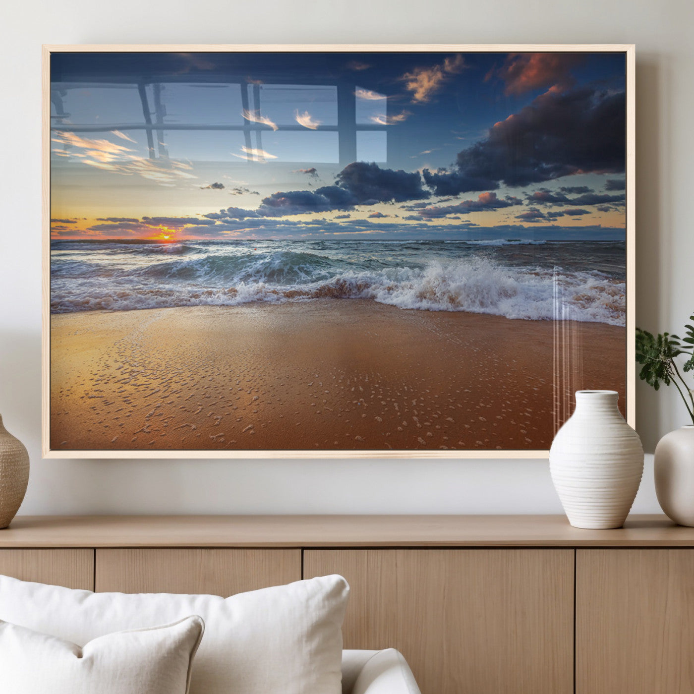 85899-MGV-FP-36X24-3P_Natural-Beach Canvas Wall Art - Coastal Seascape Print for Living Room or Bedroom, Ocean Waves on Sand,