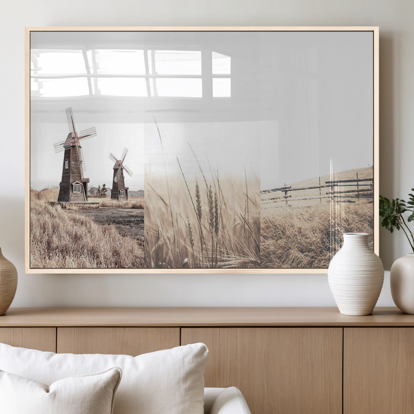 56649-MGV-FP-36X24-3P_Natural-Farm Prints Set, Set of 3 Farmhouse Wall Art, Country House Decor, Barn Print, Wheat Print,