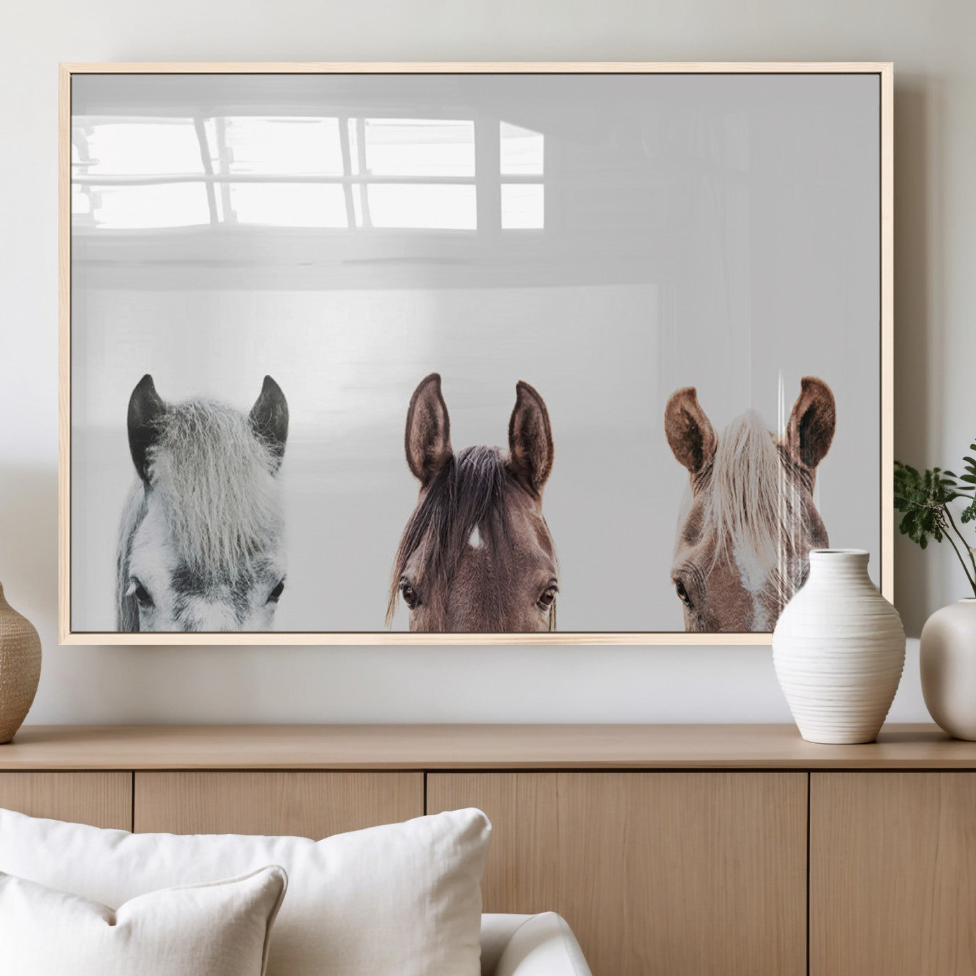 16020-MGV-FP-36X24-3P_Natural-Horse Wall Art - Minimalist Horse Triptych Wall Art – Modern 3-Panel Giclée Canvas Featuring Horse