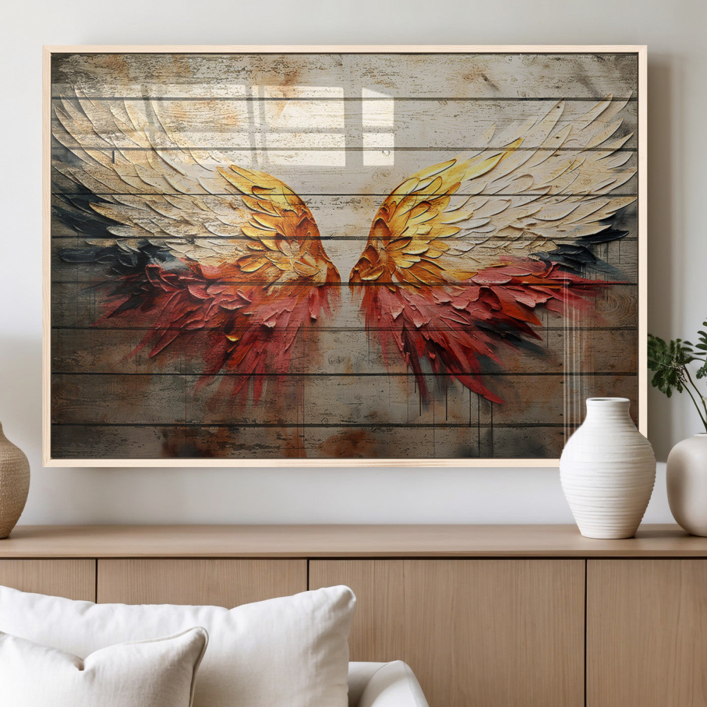 19244-MGV-FP-36X24-3P_Natural-Abstract Angel Wings Canvas Wall Art – Framed and Ready to Hang Modern Angelic Wings Decor for