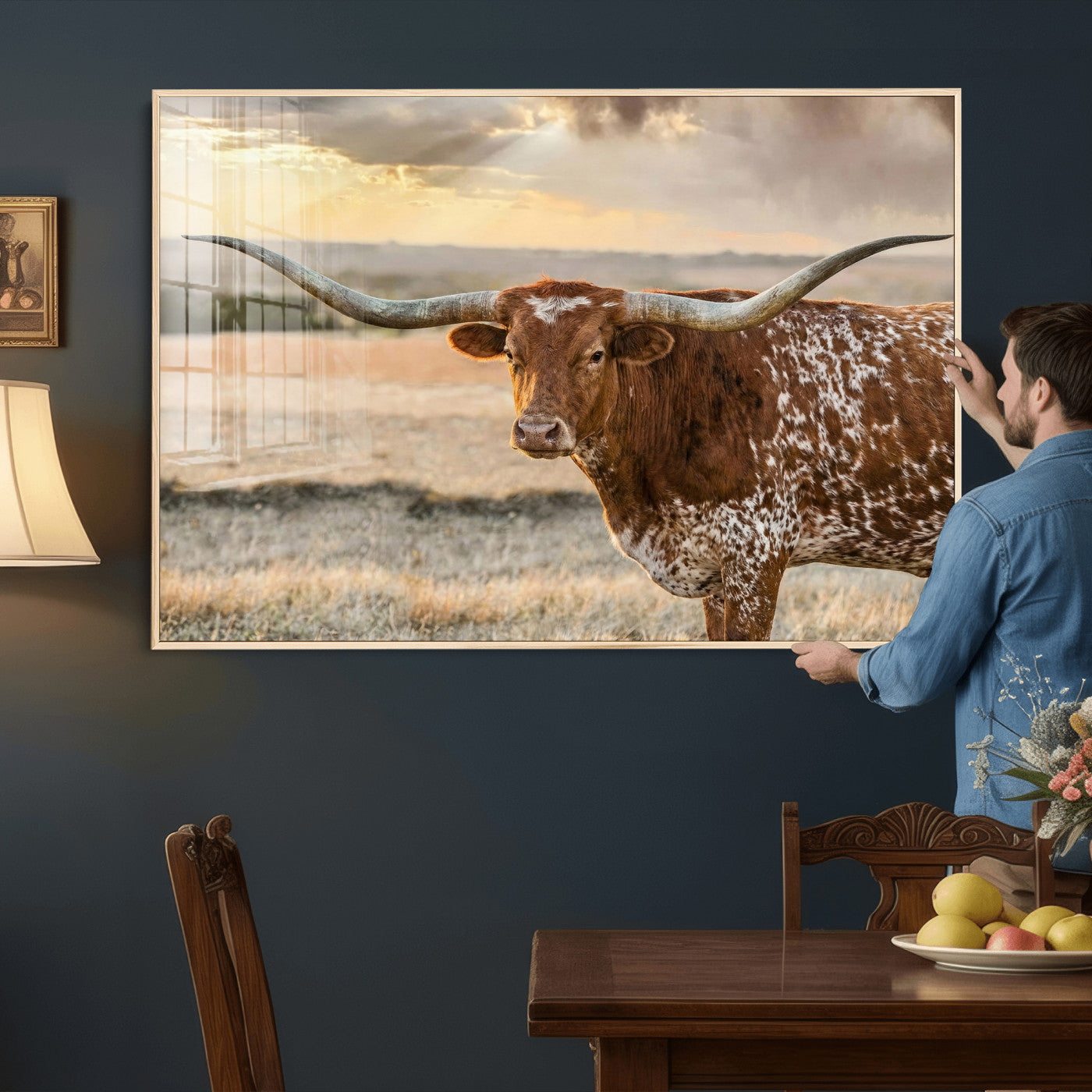 42715-MGV-CV-36X24 - Texas Longhorn Wall Art Canvas Print, Rustic Ranch Decor, Majestic Western Longhorn Cattle