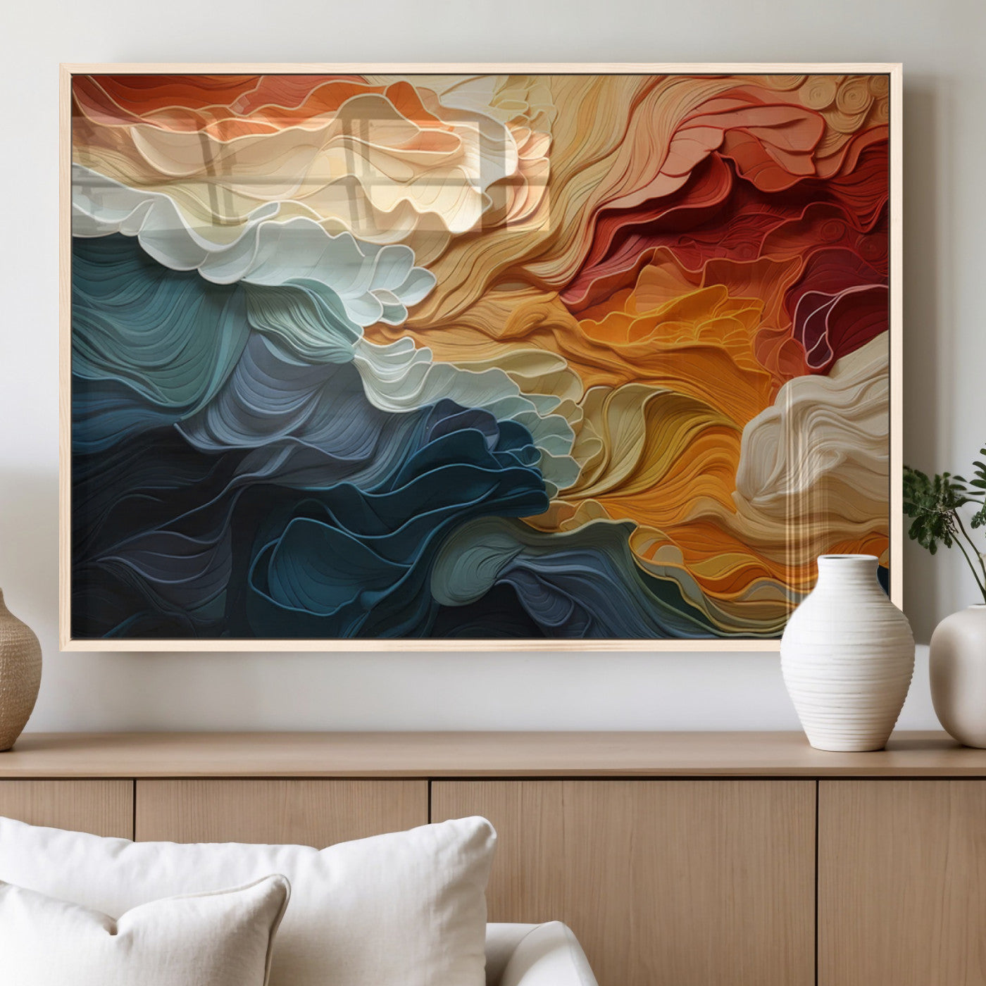 31634-MGV-FP-36X24-3P_Natural-Blue Orange Abstract Wave Wall Art Canvas Print, Framed Blue Orange Wave Wall Art