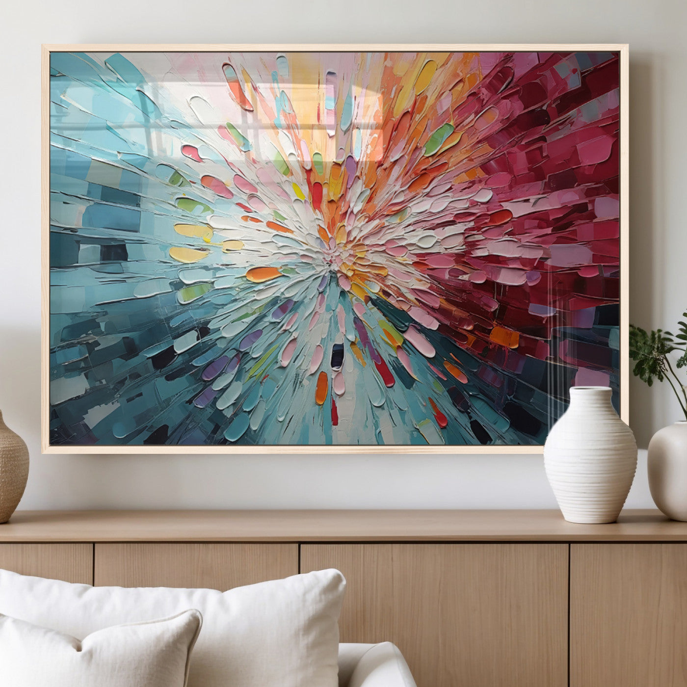 47065-MGV-FP-36X24-3P_Natural-Radiant Bloom Abstract Floral Wall Art Canvas Print - Colorful Burst - Modern Living Room Decor -