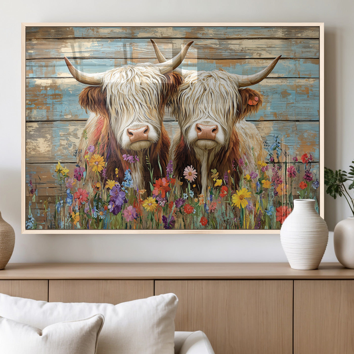 36972-MGV-FP-36X24-3P_Natural-Cute Highland Cow Canvas Wall Art - Rustic Farmhouse Decor with Colorful Flowers Perfect Wall Art