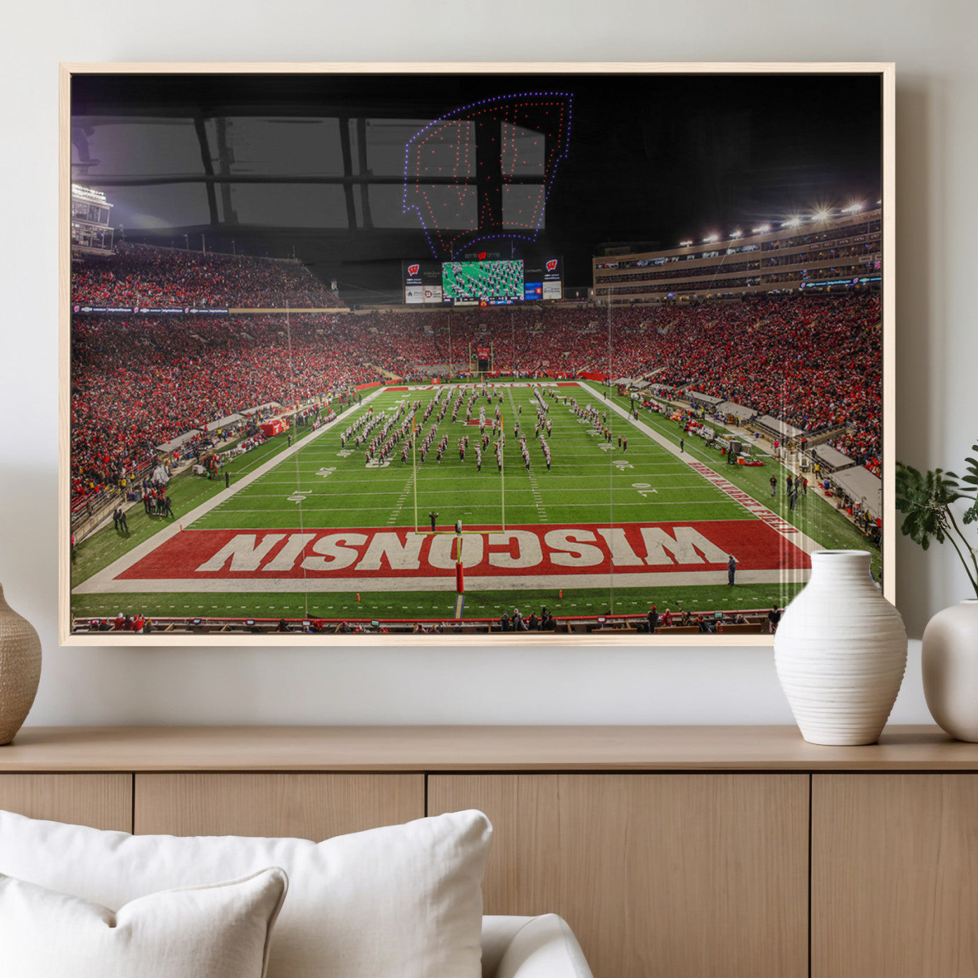 34125-MGV-FP-36X24-3P_Natural-Wisconsin Badgers Football Team Print Canvas- Madison Camp Randall Stadium Wall Art Canvas Print