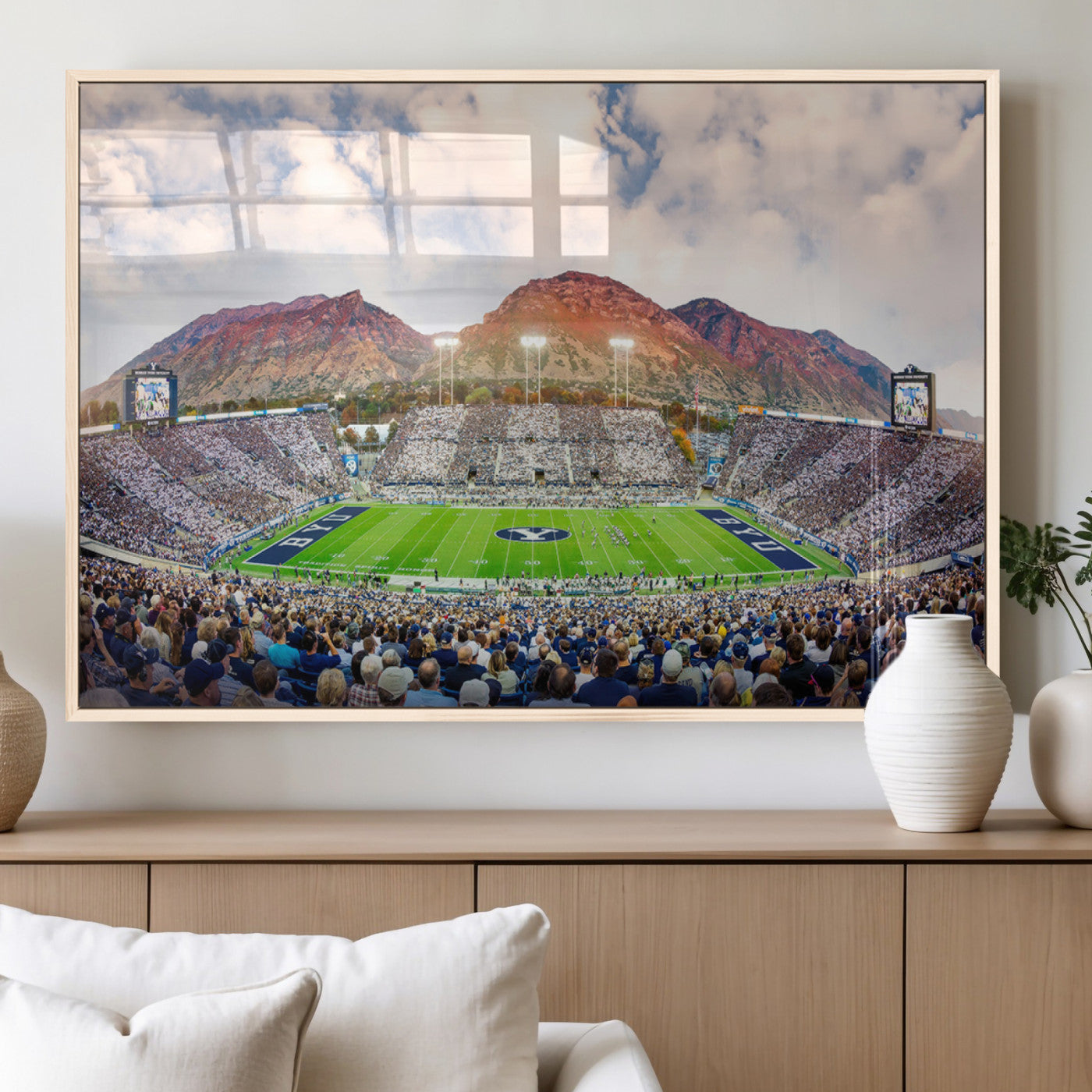 85734-MGV-FP-36X24-3P_Natural-Brigham Young University Cougars Football Team Print - Provo LaVell Edwards Stadium Wall Art Canvas