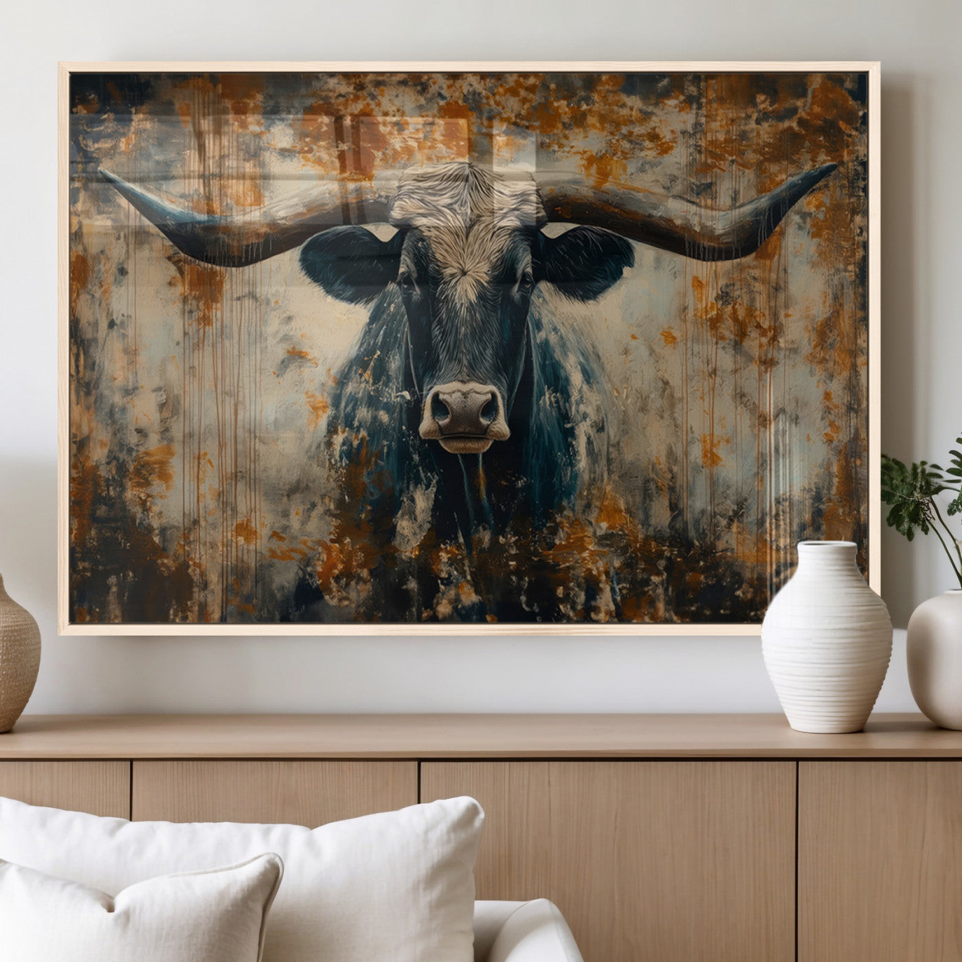 85913-MGV-FP-36X24-3P_Natural-Longhorn Wall Art – Rustic Western Bull Canvas Print, Modern Farmhouse Animal Decor for Living Room, Office, or Ranch House