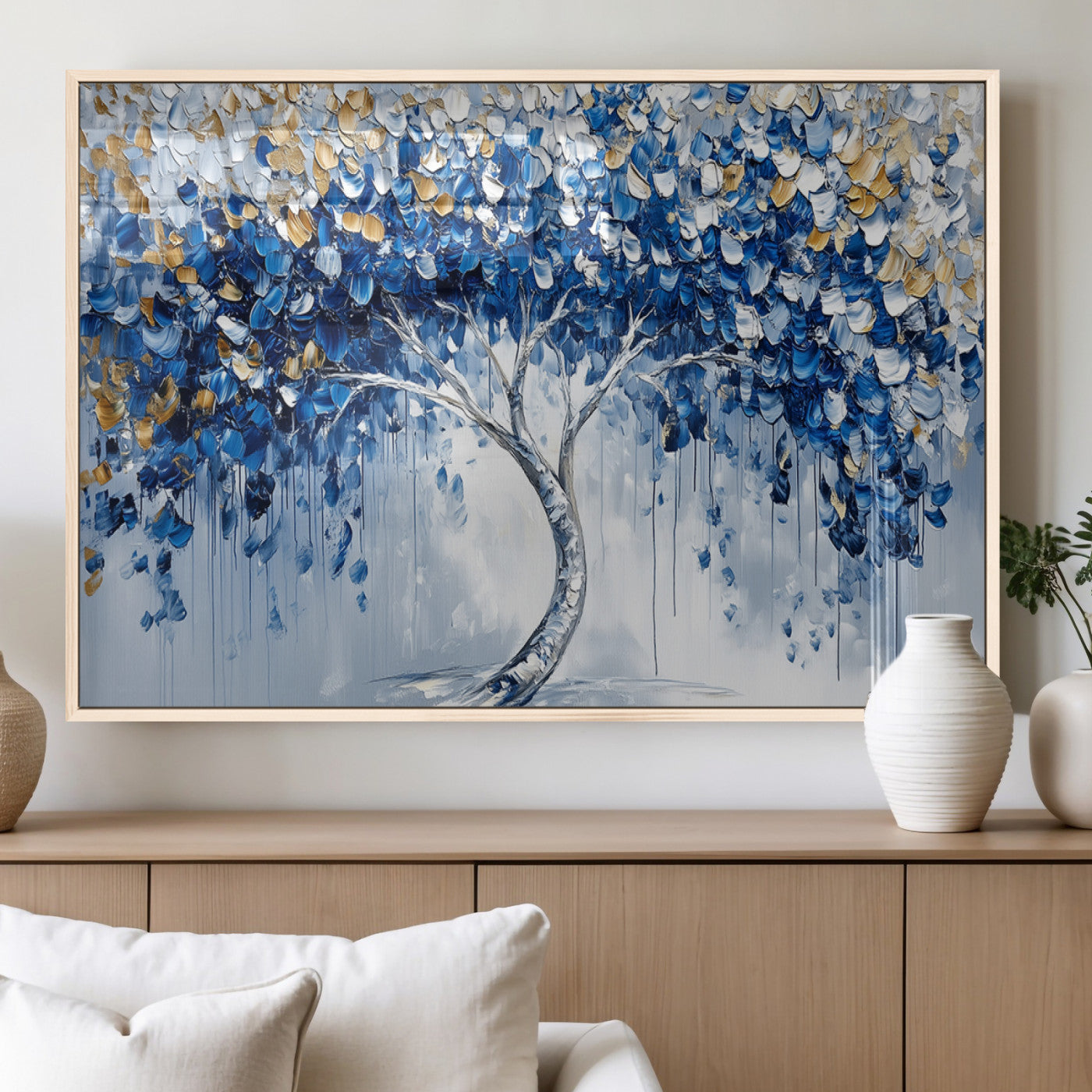 62350-MGV-FP-36X24-3P_Natural-Blue and Gold Abstract Tree Wall Art Canvas Print | Modern Tree of Life Painting | Framed Canvas