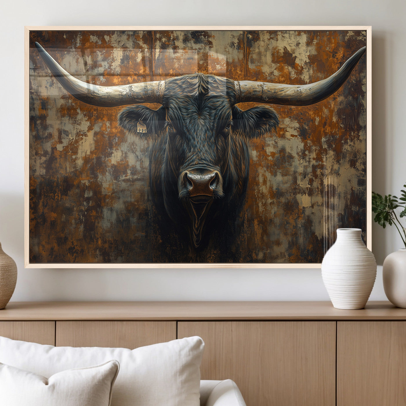 68068-MGV-FP-36X24-3P_Natural-Longhorn Texas Cow Bull Wall Art | Rustic Farmhouse Canvas Print | Ready to Hang Barn Decor for