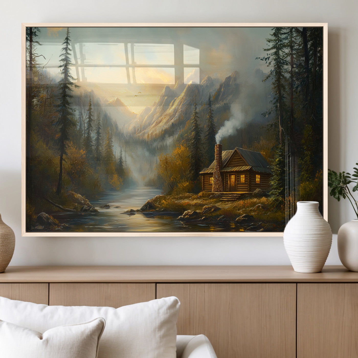 76464-MGV-FP-36X24-3P_Natural-Wood Cabin Retreat Mountain at Sunset Wall Art Print - Serene Forest and River Landscape Wall Art