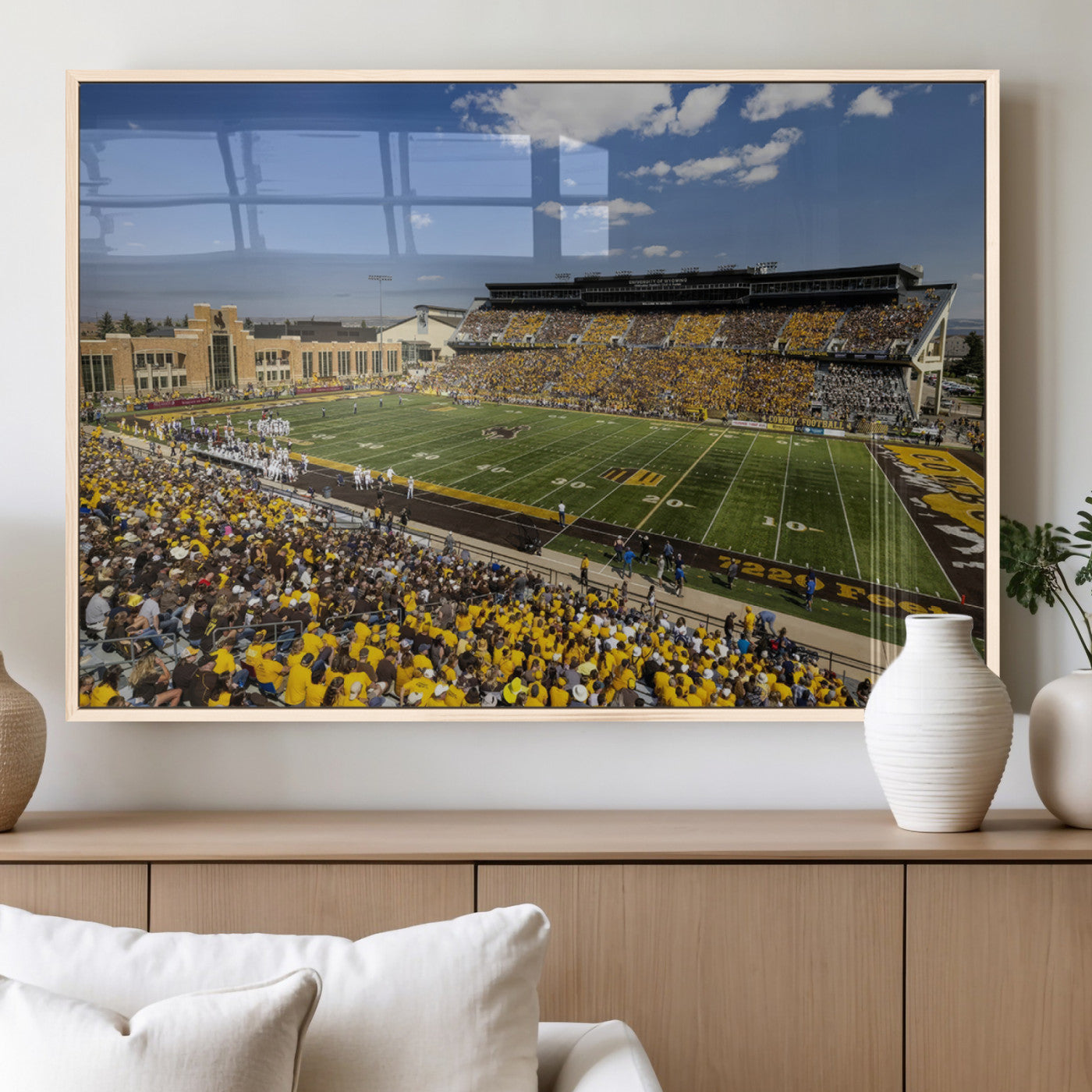 75112-MGV-FP-36X24-3P_Natural-University of Wyoming Cowboys Football Team Print - Laramie Jonah Field War Memorial Stadium Wall