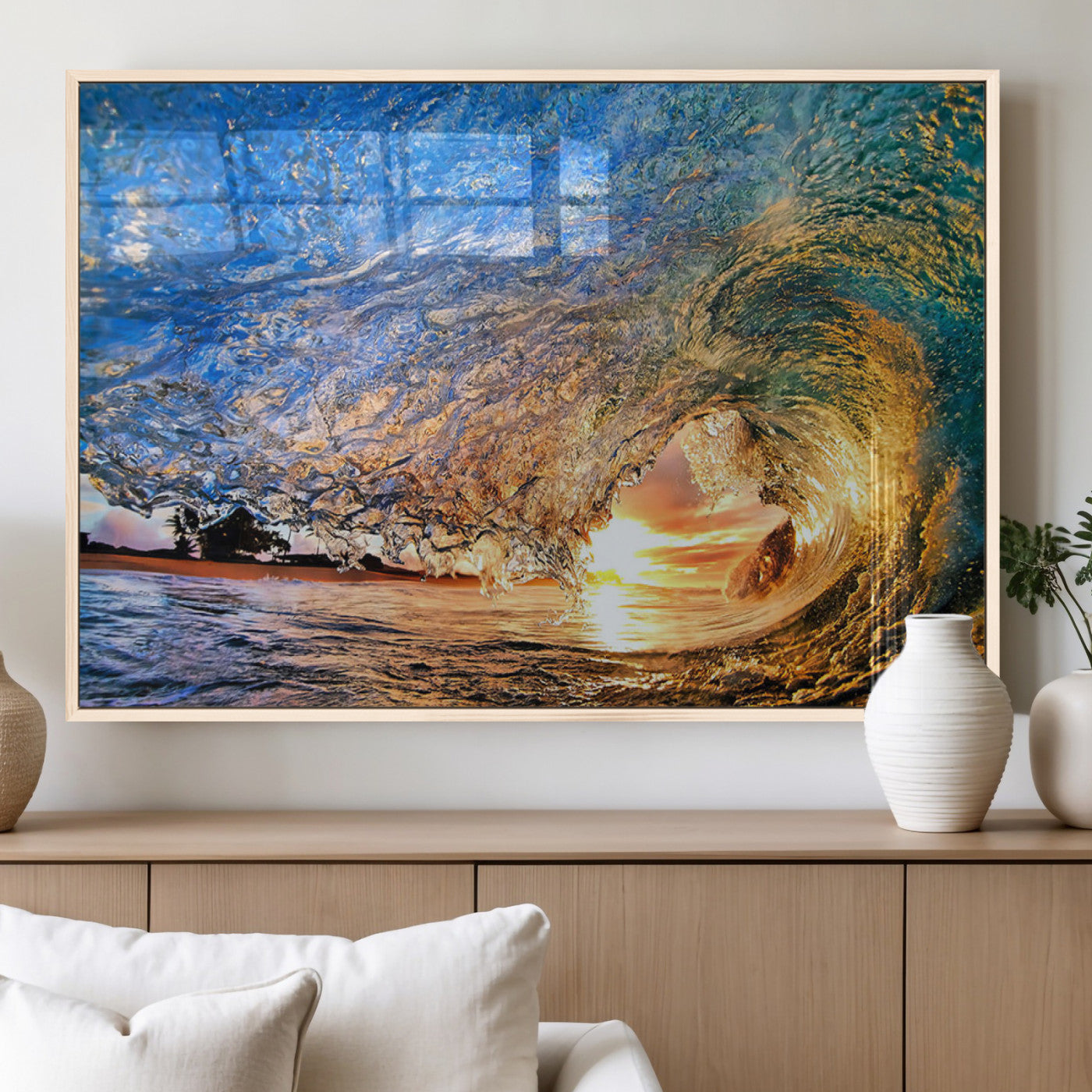 84627-MGV-FP-36X24-3P_Natural-Ocean Wave at Sunset Canvas Wall Art – Vibrant Coastal Beach Waves Print, Large Nautical Decor,