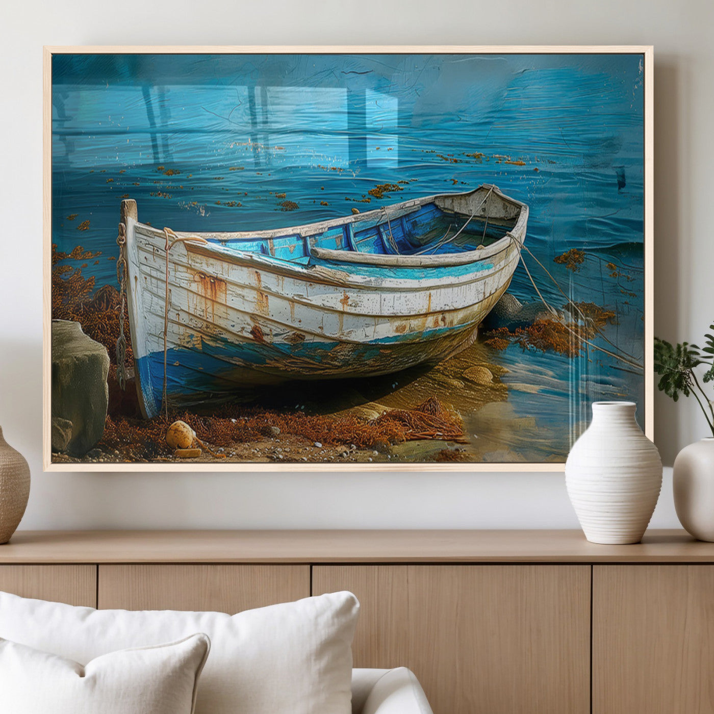 54716-MGV-FP-36X24-3P_Natural-Vintage Boat on Tranquil Waters | Coastal Wall Art for Nautical Decor | Rustic Triptych Canvas Print