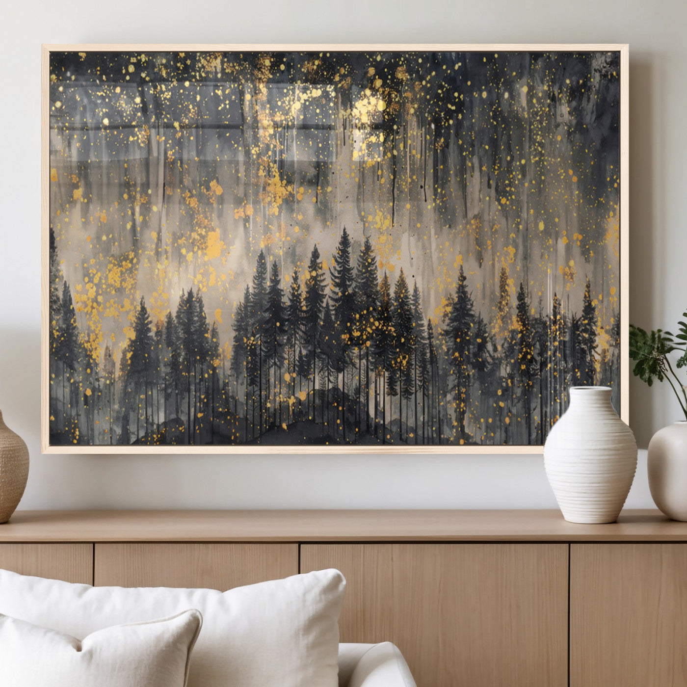 46049-MGV-FP-36X24-3P_Natural-Golden Forest Abstract Wall Art | Dark Forest with Gold Splatter Accents | Triptych Ready to Hang