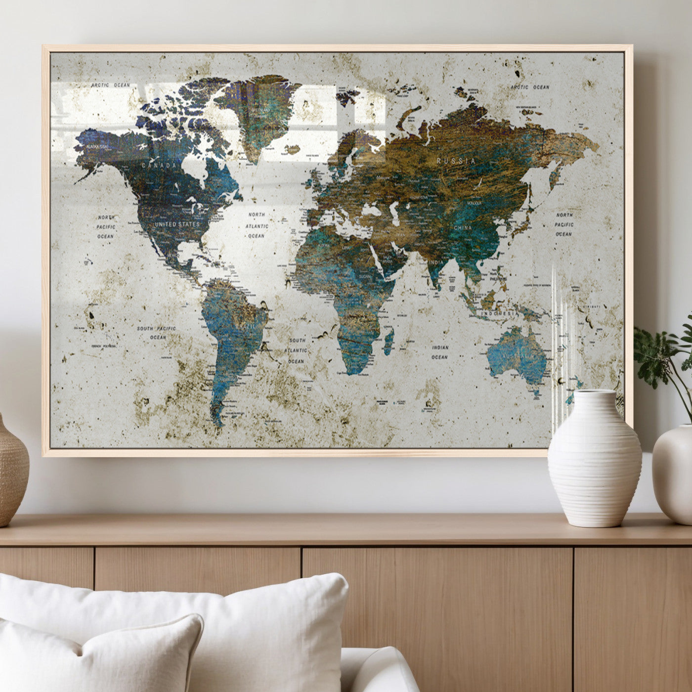 89176-MGV-FP-36X24-3P_Natural-Vintage Blue and Brown World Map Canvas Wall Art – Framed Rustic Map Print, Earth Tone Travel Decor for Stylish Home and Office Walls