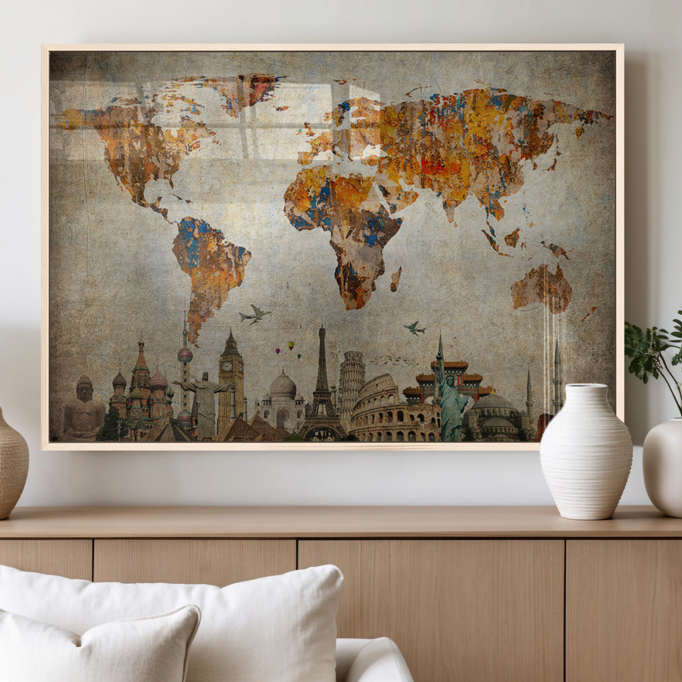 54918-MGV-FP-36X24-3P_Natural-Push Pin World Map Canvas Print – Travel Tracker Wall Art for Couples, Perfect Anniversary Gift for Home or Office Decor