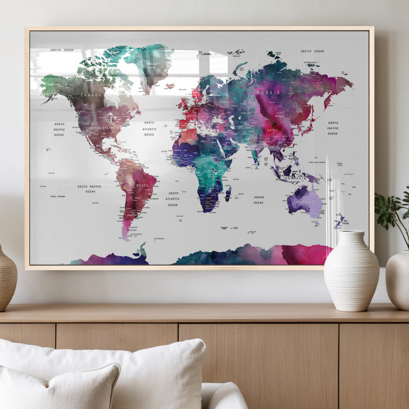 78176-MGV-FP-36X24-3P_Natural-Colorful Watercolor World Map Canvas Wall Art – Framed Modern Map Print, Vibrant Travel Inspired Artwork for Home and Office Decor