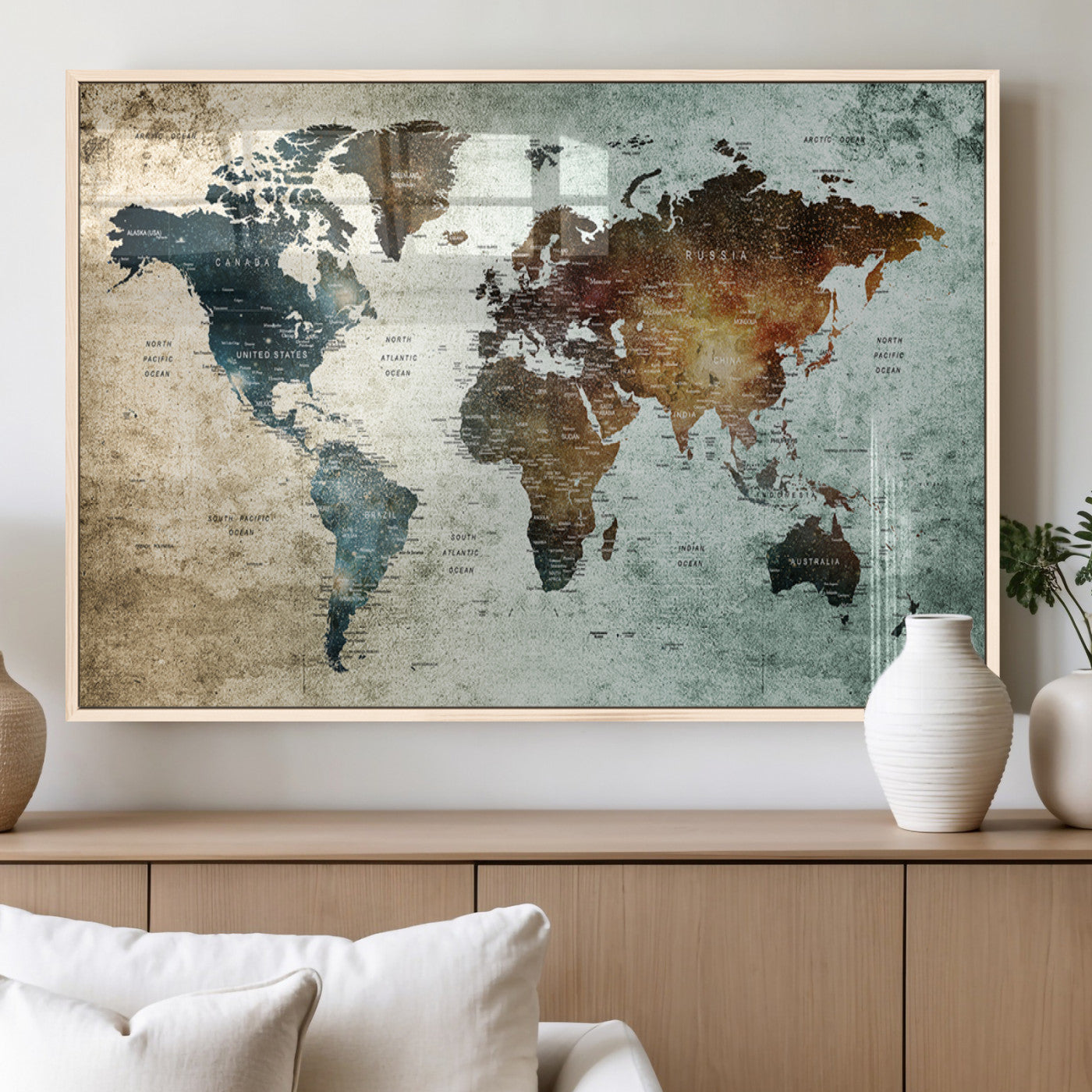25140-MGV-FP-36X24-3P_Natural-World Map Canvas Print – Framed Vintage Style Push Pin Wall Art, Elegant Travel Map Decor for Home or Office
