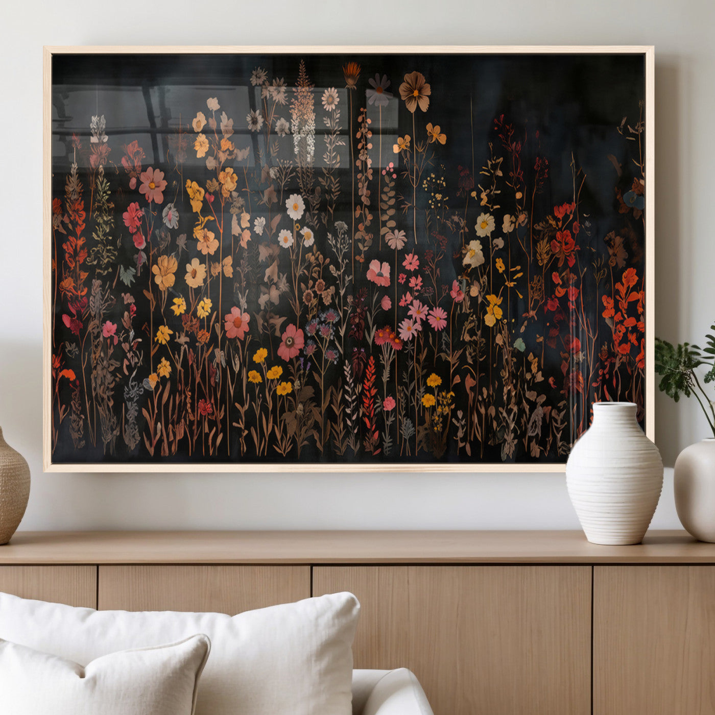 AbstFLF-MGV-FP-36X24-3P_Natural-Large Floral Painting Print Illustration Flowers Canvas Wall Art Botanical Wall Decor Modern