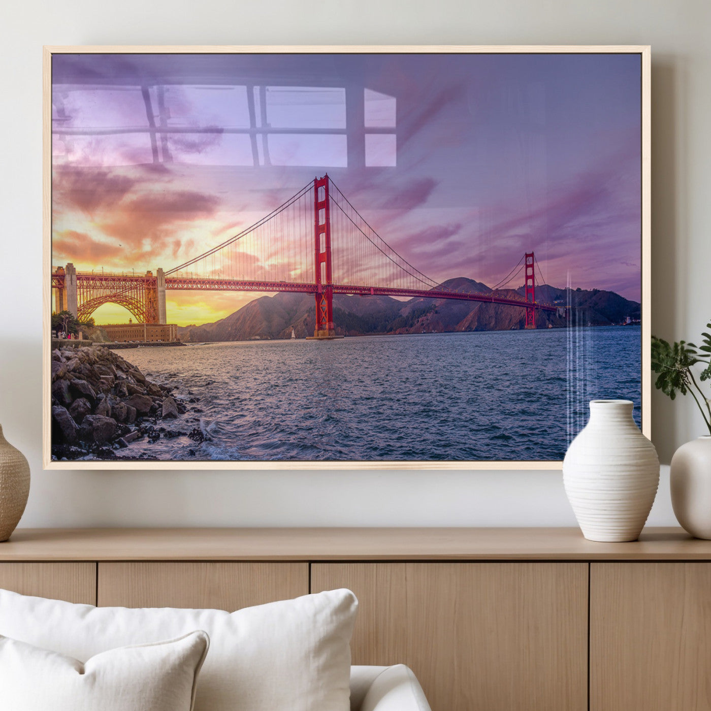 MGV-FP-36X24-3P - Golden Gate Bridge Wall Art Print, San Francisco Sunset Canvas Wall Art, Cityscape Canvas Print for