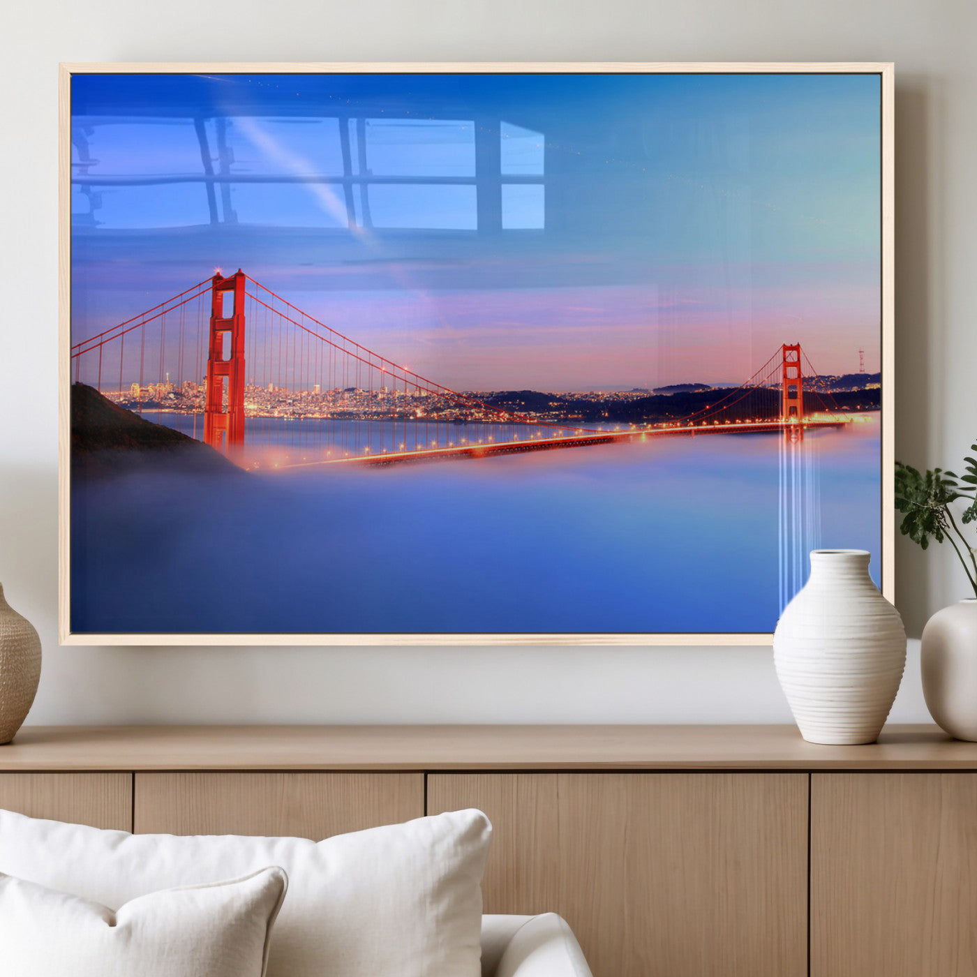 MGV-FP-36X24-3P - Golden Gate Bridge Wall Art Print, San Francisco Sunset Canvas Wall Art, Cityscape Canvas Print for