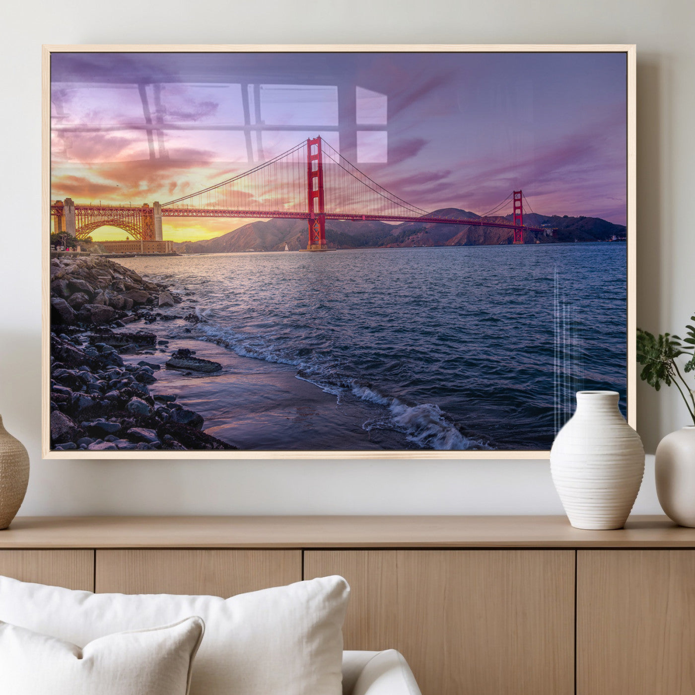 24256-MGV-FP-36X24-3P_Natural-Golden Gate Bridge Wall Art Canvas Print – Framed San Francisco Sunset Scene with Cityscape Artwork for Home, Office