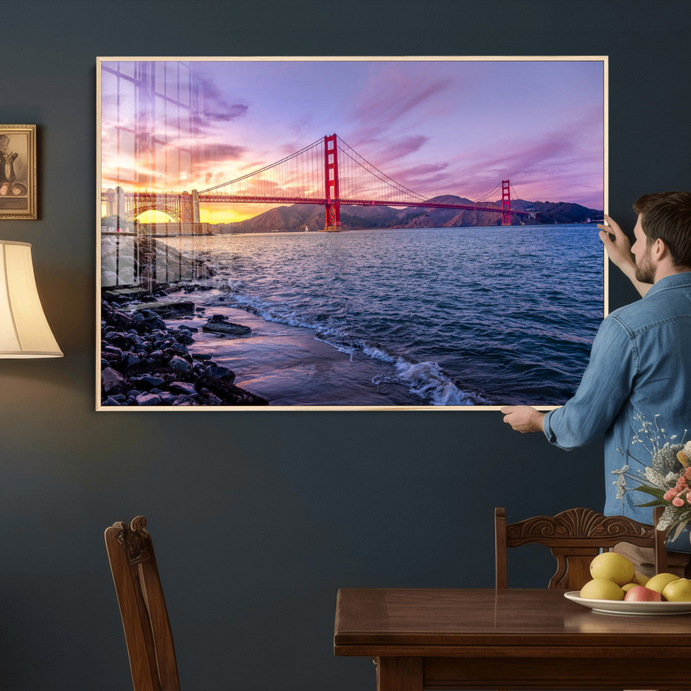 24256-MGV-CV-36X24 - Golden Gate Bridge Wall Art Print, San Francisco Sunset Canvas Wall Art, Cityscape Canvas Print for