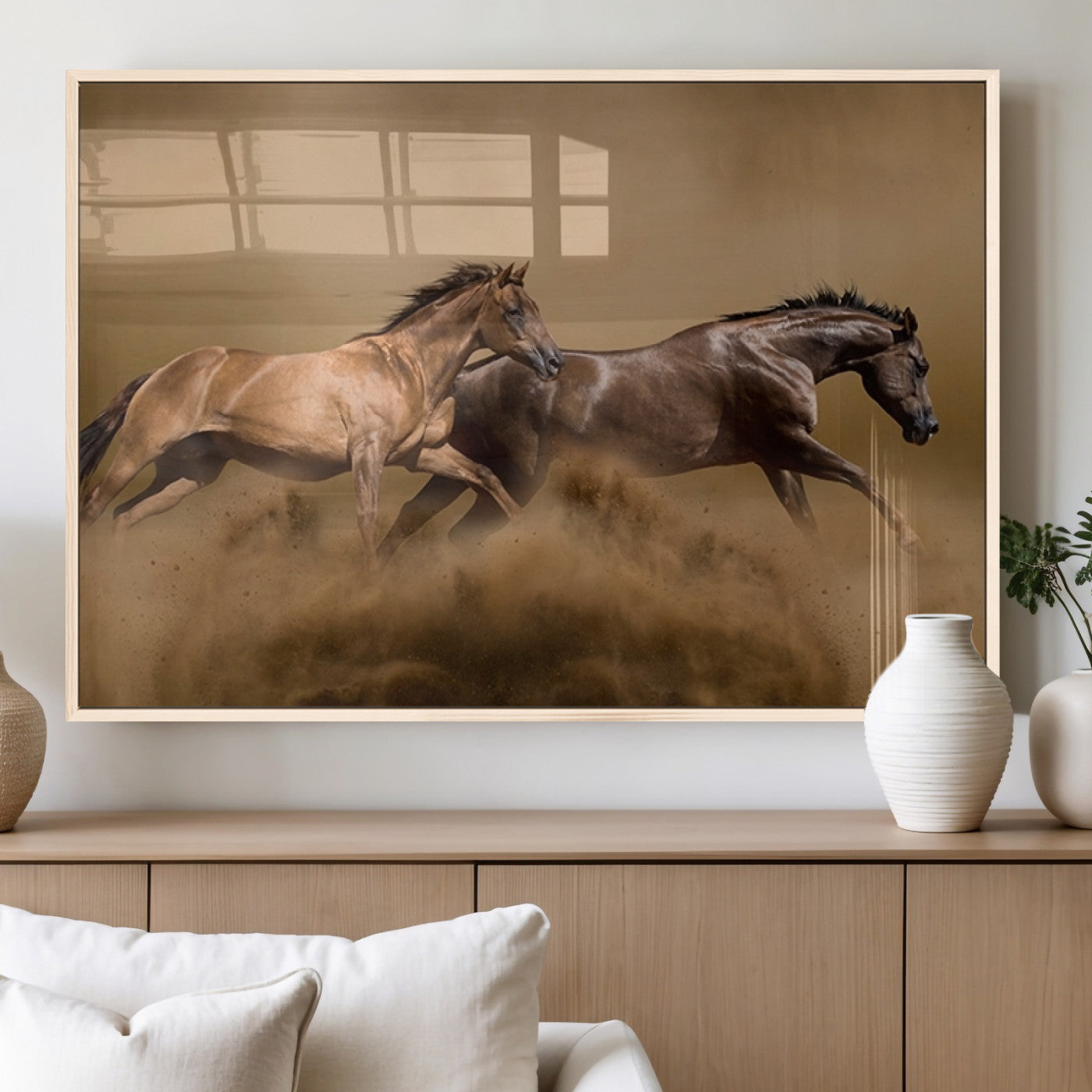 53721-MGV-FP-36X24-3P_Natural-Large Wall Art Canvas Print – Two Running Brown Horses Motion Animal Artwork for Home, Office, Living Room Decor