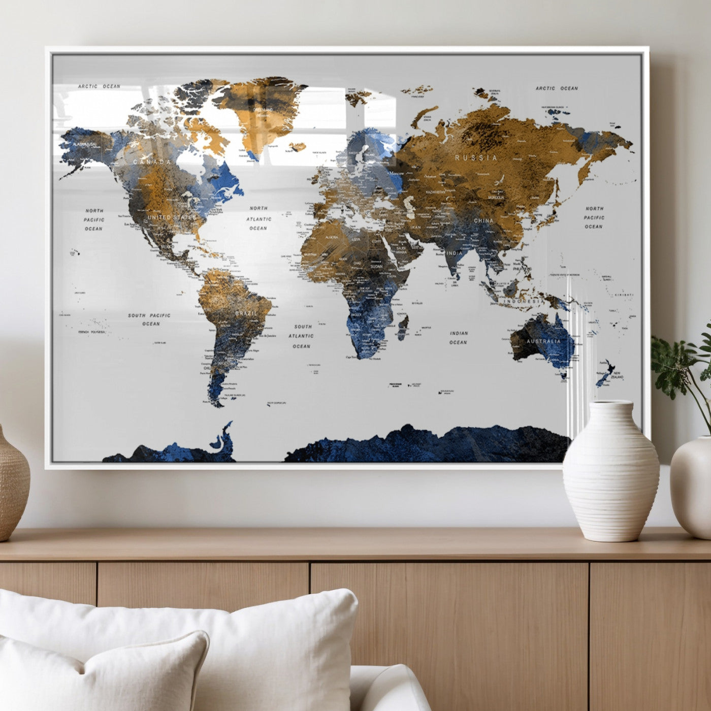 56231-MGV-FP-36X24-3P_White-Navy and Gold World Map Canvas Wall Art – Framed Modern World Map Print, Elegant Travel Inspired Artwork for Home and Office Decor