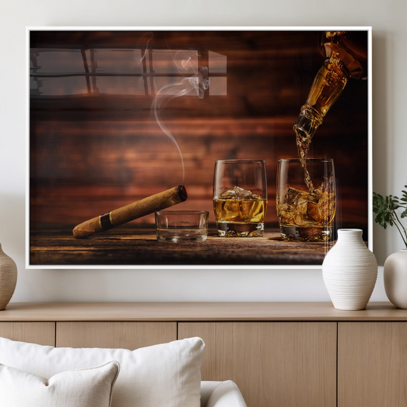 91042-MGV-FP-36X24-3P_White-Whiskey and Cigar Wall Art Canvas | 3 Panel Bar Room Decor for Home Lounge, Office, or Man Cave |