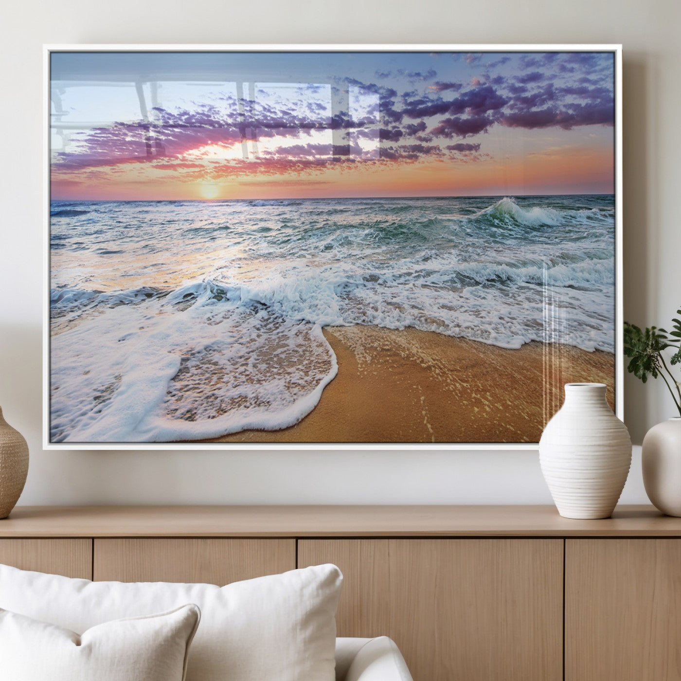 53006-MGV-FP-36X24-3P_White-Coastal Sunset Art Beach Canvas Wall Art Print | Ocean Waves Wall Art | Large 3-Panel Seascape for