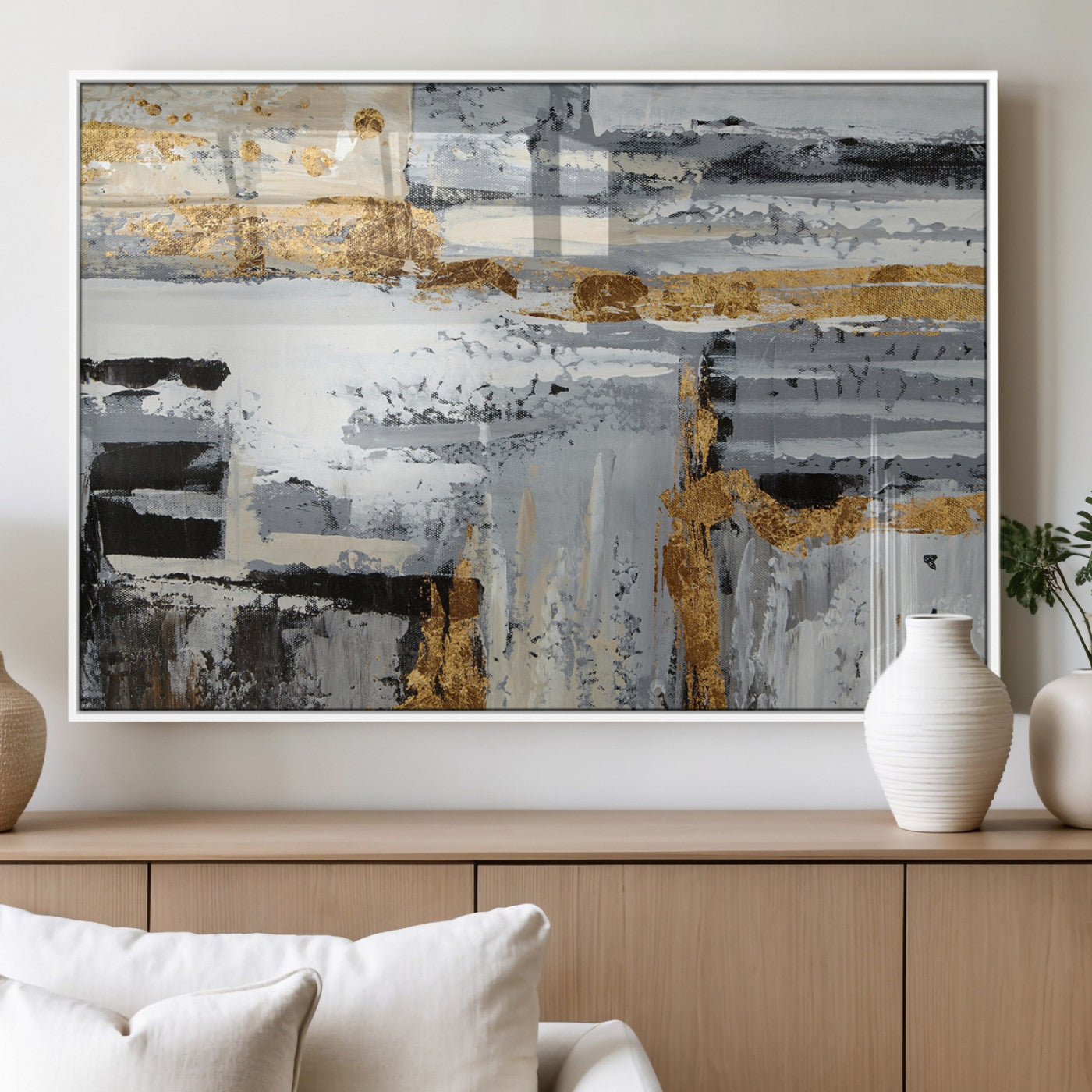 43177-MGV-FP-60X30-3P_White-Abstract Painting Canvas Wall Art Print Paint Drip Art Brush Strokes Gray Artwork