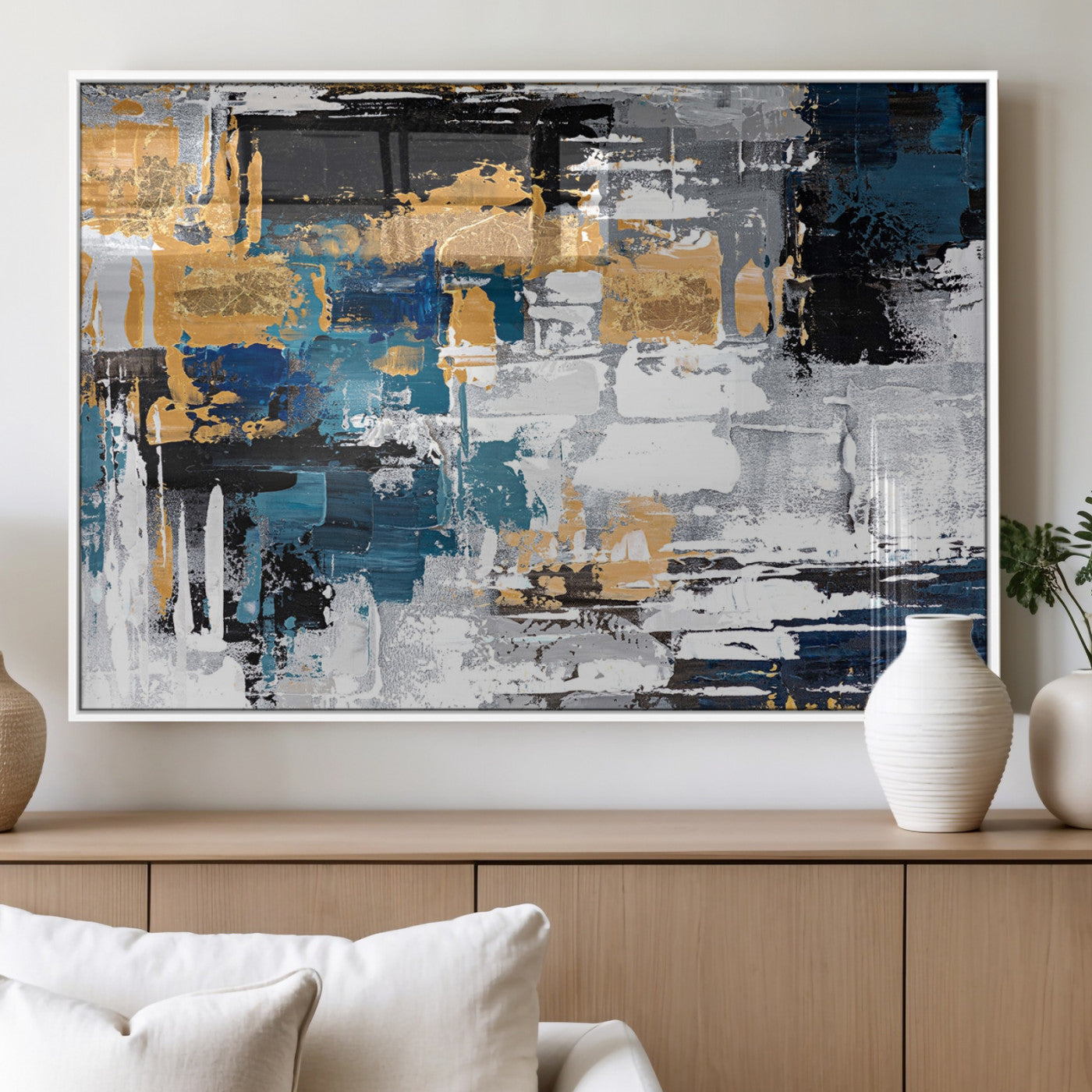 57708-MGV-FP-60X30-3P_White-Blue and Gold Abstract Canvas Wall Art – Triptych Modern Painting for Living Room – Framed and Ready