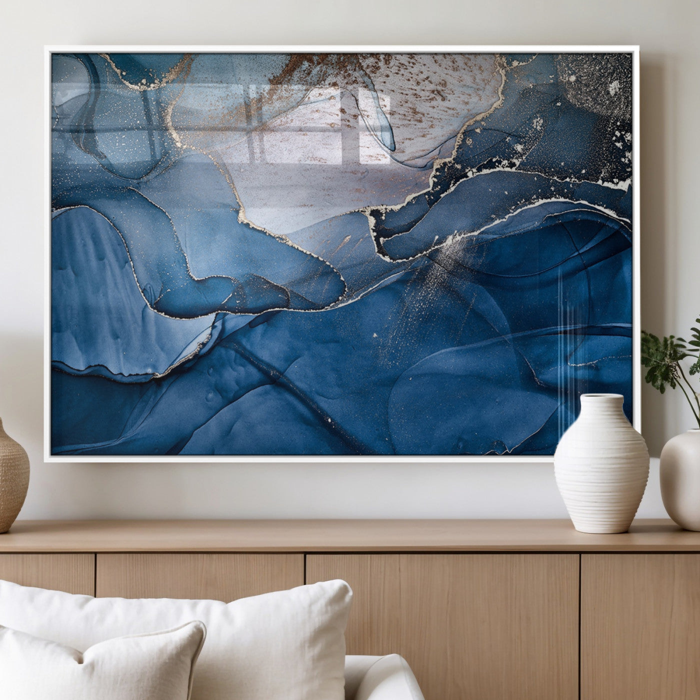 27810-MGV-FP-36X24-3P_White-Navy Blue Canvas Art Abstract Print – Elegant Triptych Modern Art Print – Contemporary Decor for Living Room or Office