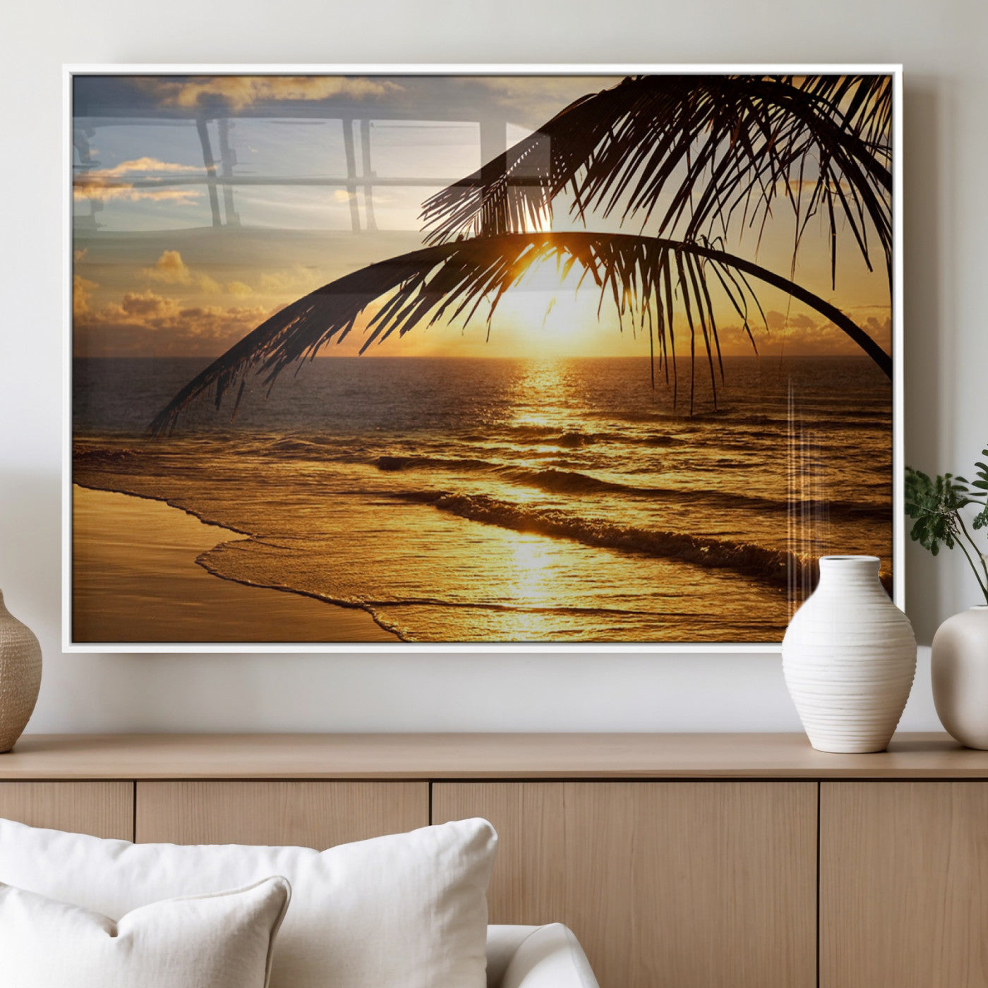 41507-MGV-FP-36X24-3P_White-Golden Tropical Beach Sunset Canvas Triptych, Coastal Palm Tree Wall Art, Ocean Shoreline Giclee
