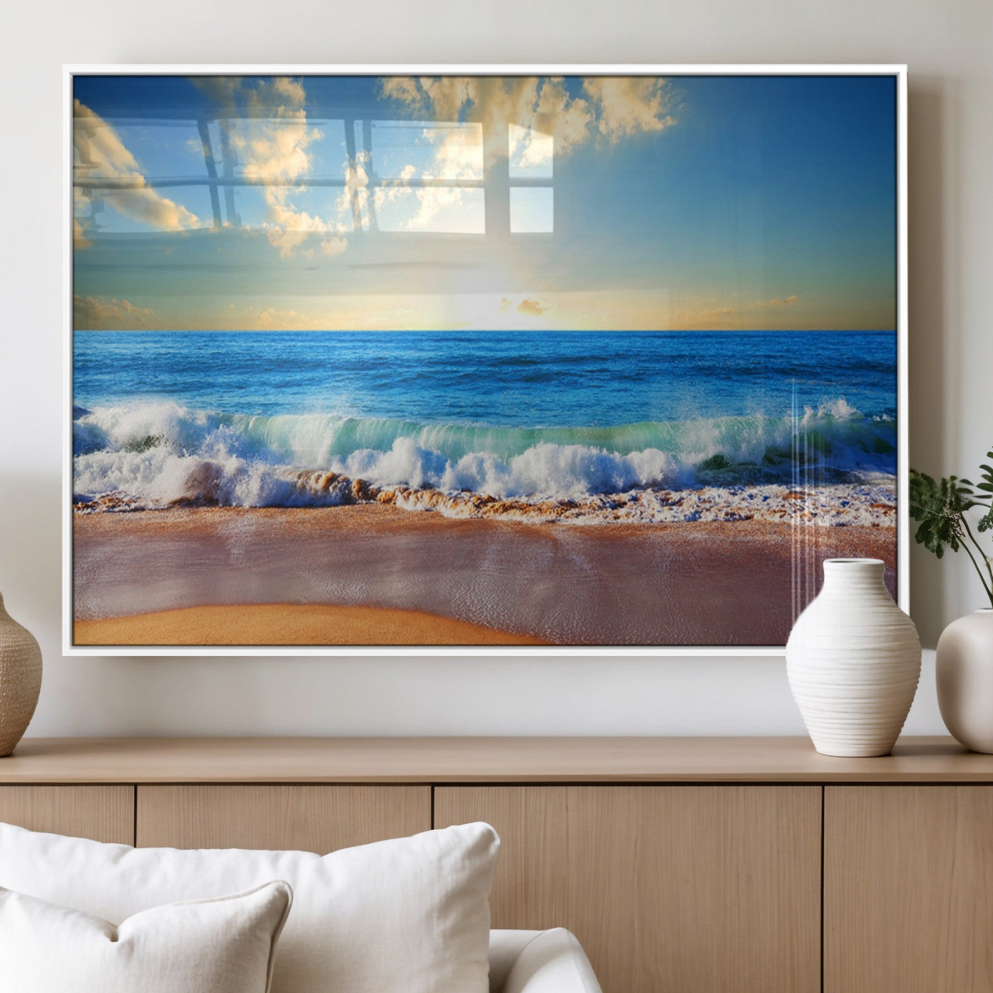 50522-MGV-FP-36X24-3P_White-Tropical Beach Sunset Canvas Art, Ocean Waves and Sandy Shoreline Wall Art, Large Beach Decor for