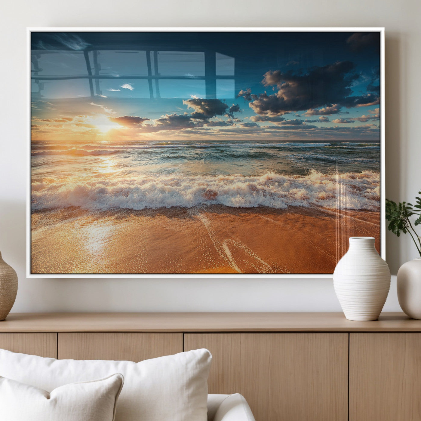 35648-MGV-FP-36X24-3P_White-Golden Sunset Beach Triptych Canvas Art, Giclee Coastal Wall Decor, Ocean Waves Print, Modern Beach