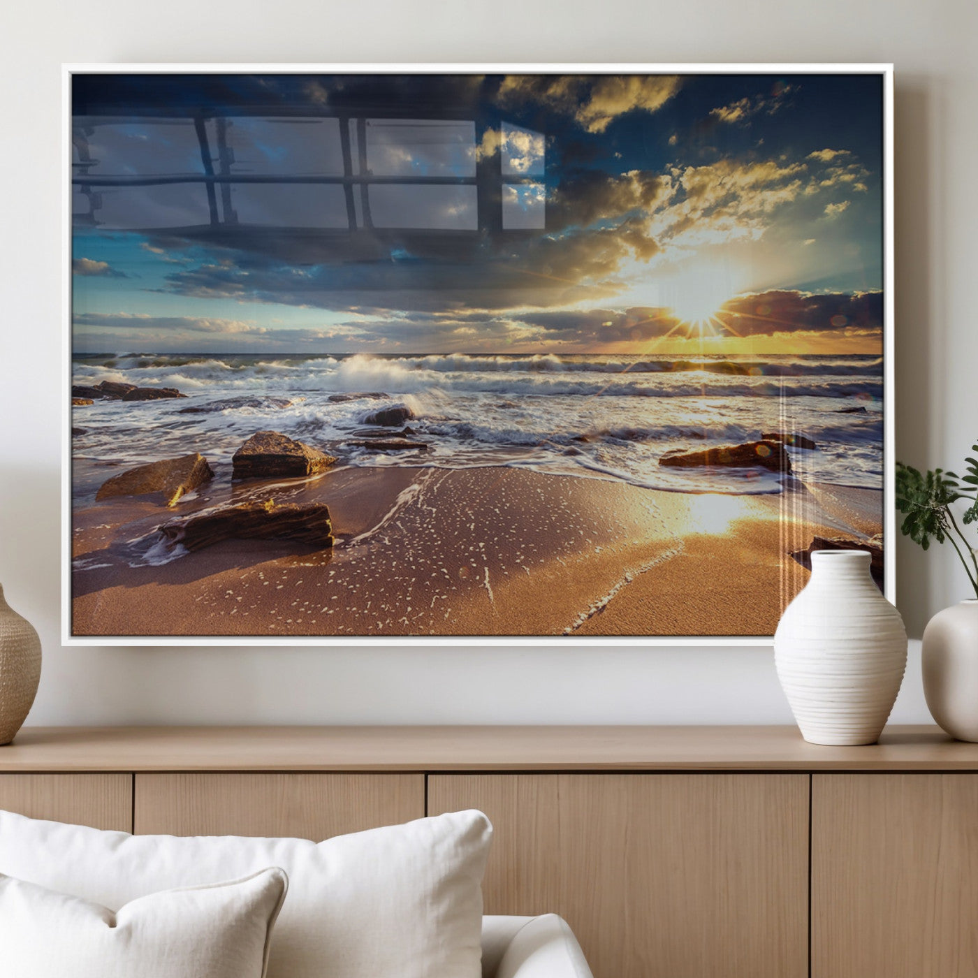 44481-MGV-FP-36X24-3P_White-Golden Hour Beach Sunset Canvas Triptych, Ocean Waves and Rocks Wall Art for Coastal Home Decor