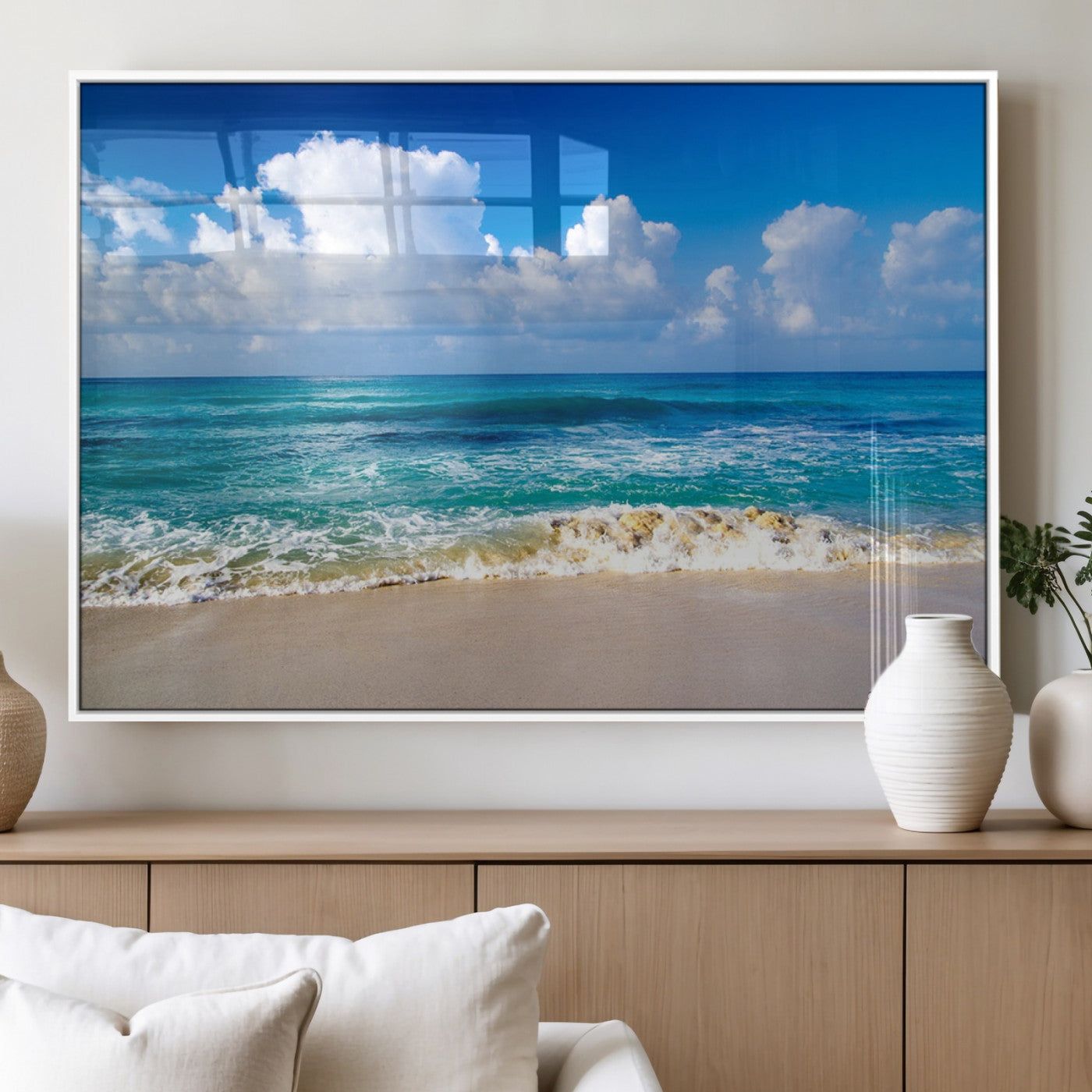 60364-MGV-FP-36X24-3P_White-Tropical Beach 3-Panel Canvas Wall Art – Serene Ocean Waves and Blue Sky Wall Art Print