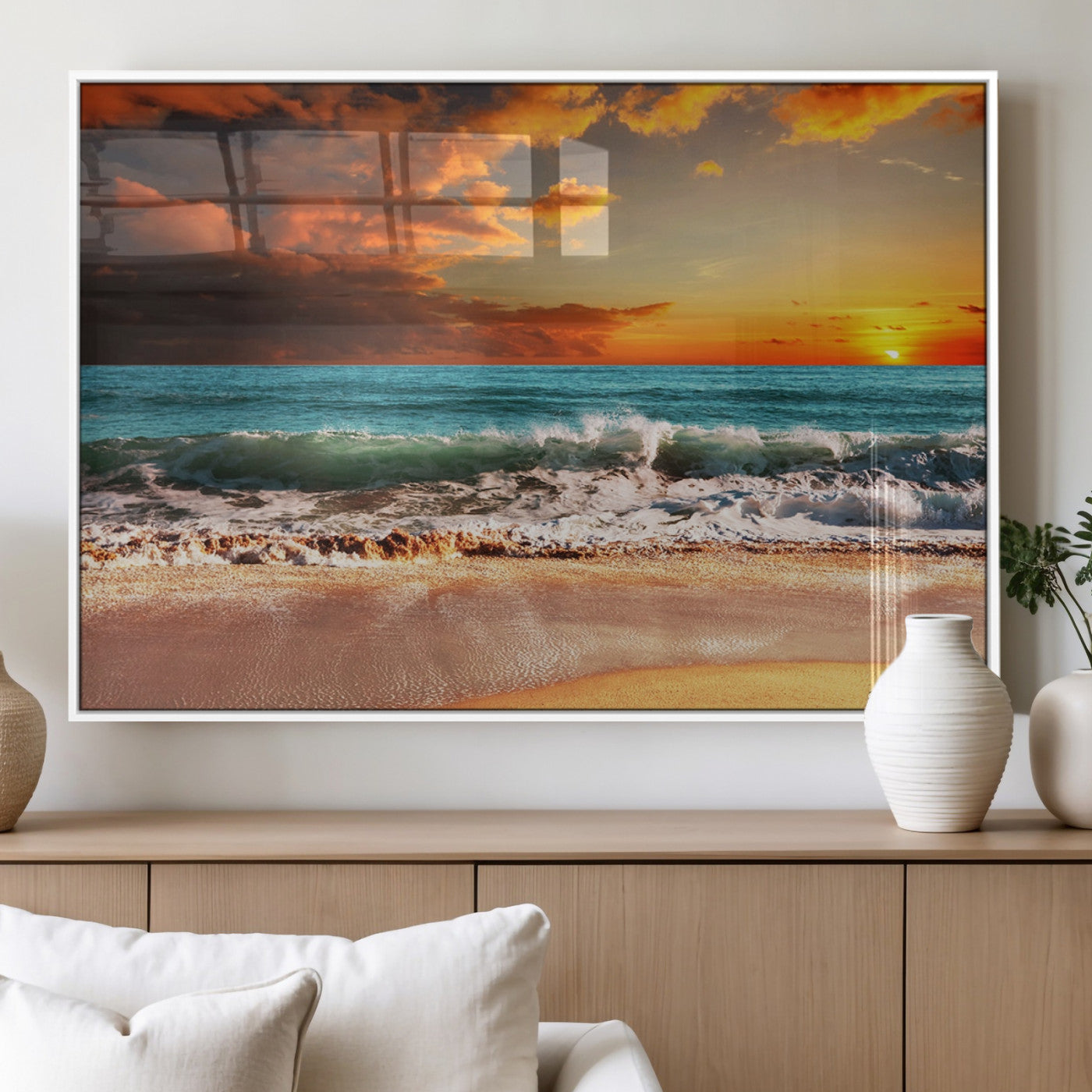 72948-MGV-FP-36X24-3P_White-Golden Sunset Beach Canvas Wall Art – Triptych Seascape Print – Framed and Ready to Hang for Living
