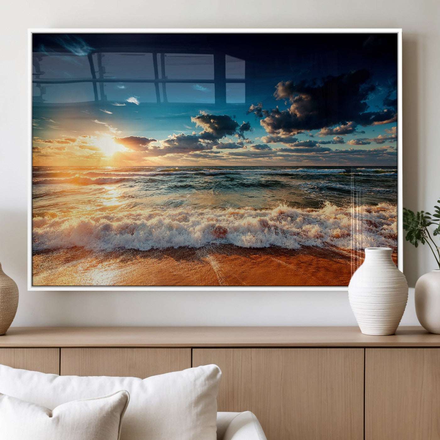 26996-MGV-FP-36X24-3P_White-Golden Hour Sunset Over Ocean Waves Wall Art Canvas Print | 3 Panel Coastal Landscape Canvas Wall