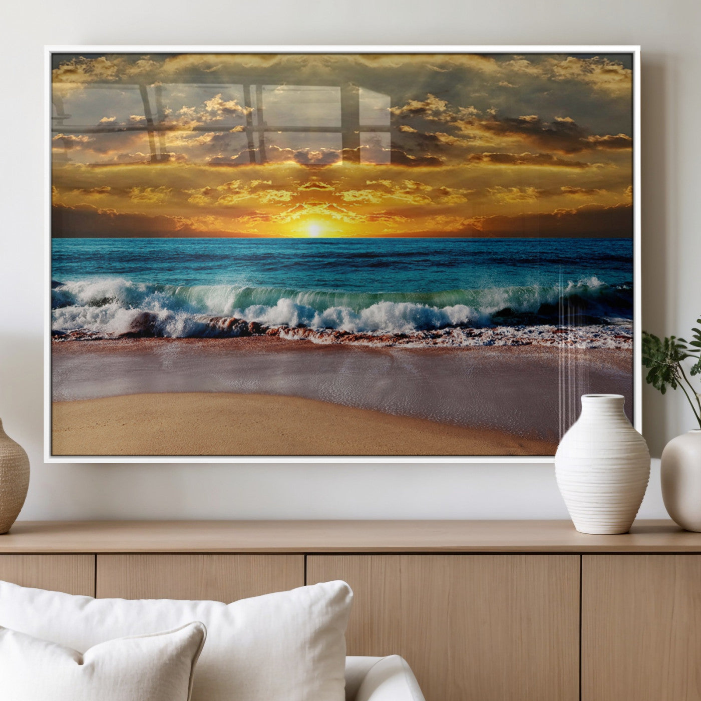 83389-MGV-FP-36X24-3P_White-Ocean Sunrise Over Golden Beach Waves, Giclee Canvas Wall Art Set, High-Quality Stretched Canvas