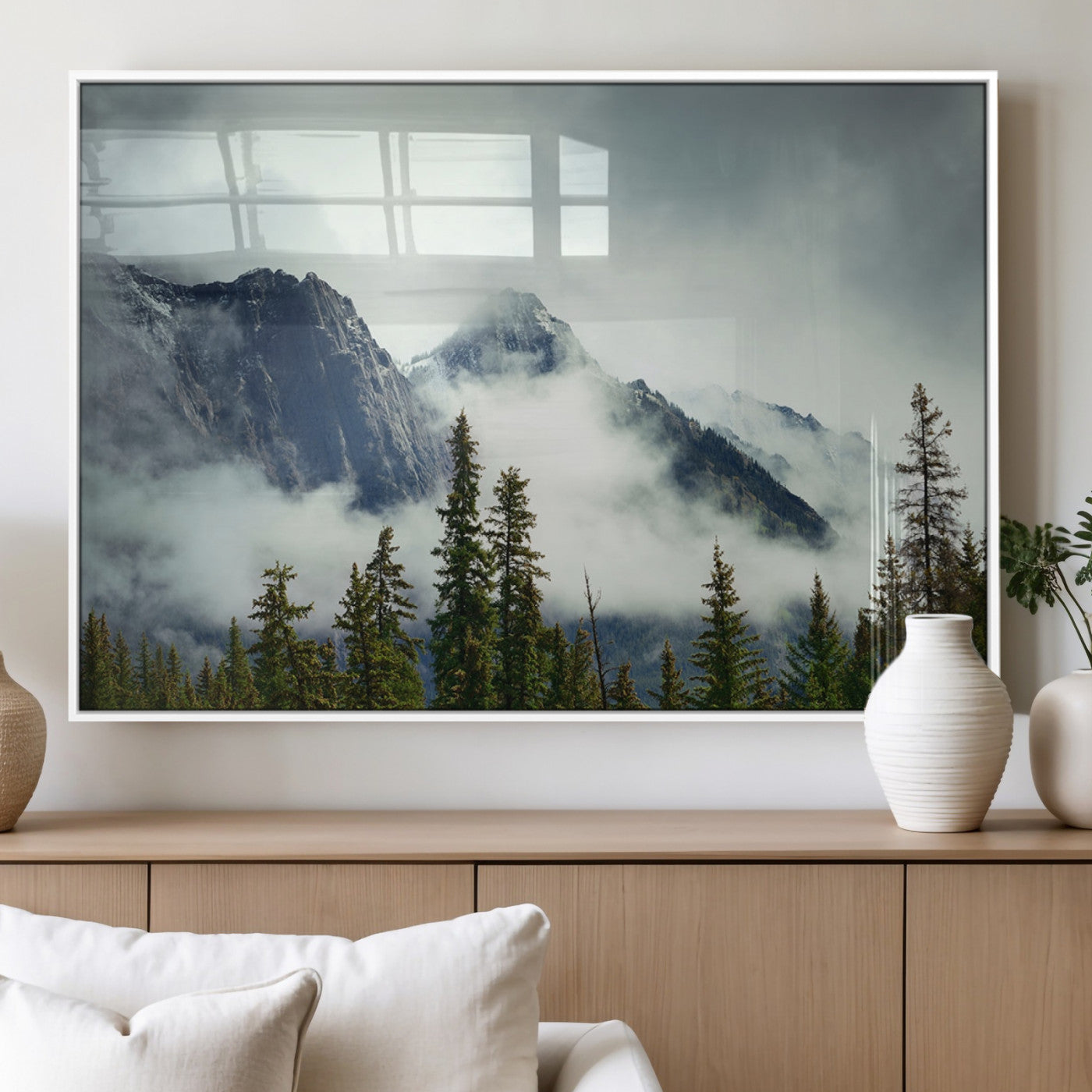 93219-MGV-FP-36X24-3P_White-Mountain Mist Canvas Wall Art Print | 3-Panel Foggy Forest and Mountain Landscape | Large Giclee