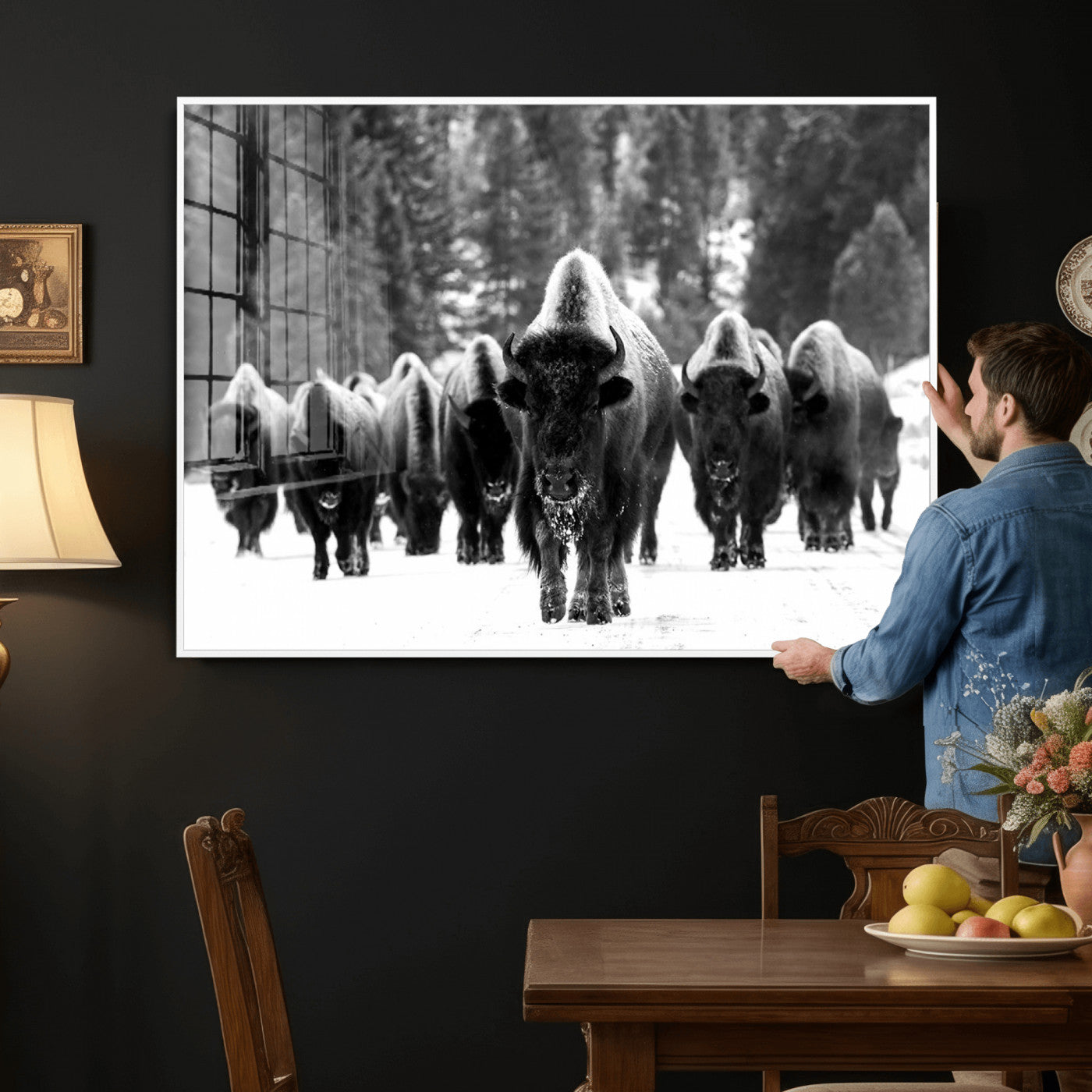 62434-MGV-CV-36X24 - Bison Herd in Snow Wall Art Canvas Print | Rustic Western Bison Wall Art for Decor for Living Room