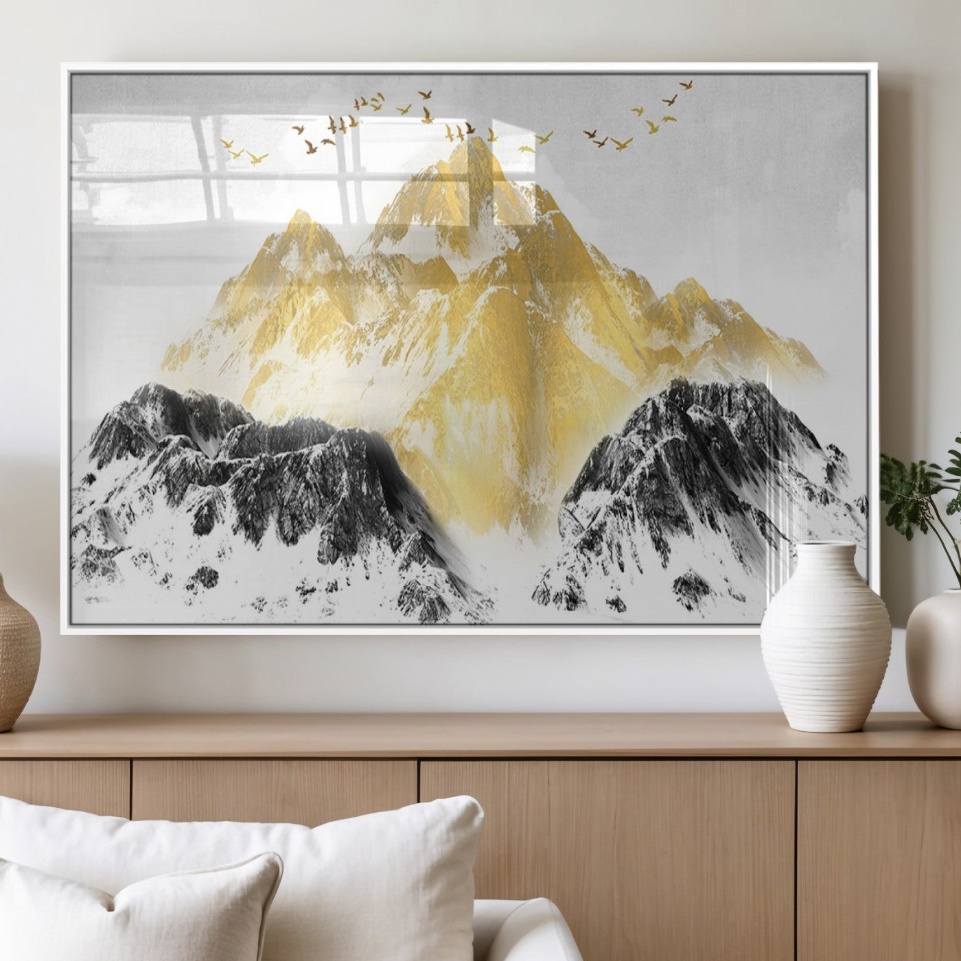 37733-MGV-FP-36X24-3P_White-Golden Mountain Triptych Wall Art Canvas Print, Modern Giclee Canvas Print, Nature Landscape Decor