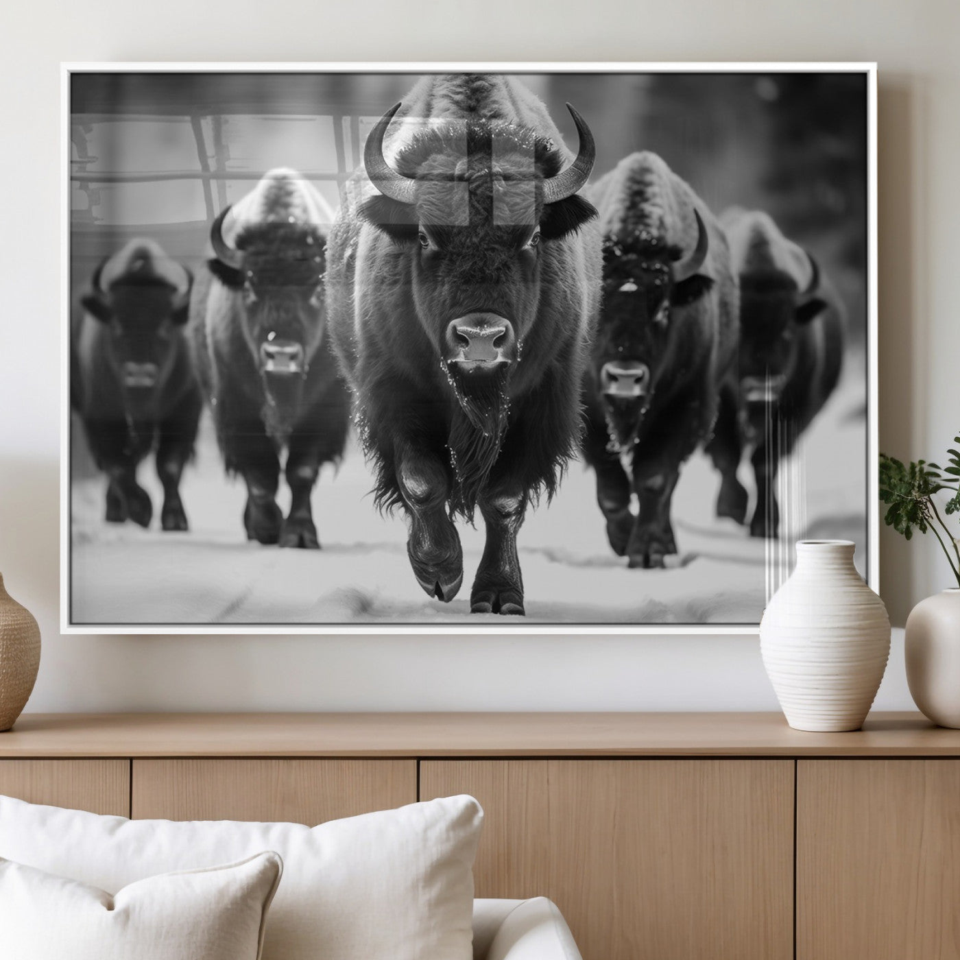 79872-MGV-FP-36X24-3P_White-American Bison Art | Buffalo Herd Wall Art Canvas Print, BW American Bison Herd Wall Art Canvas