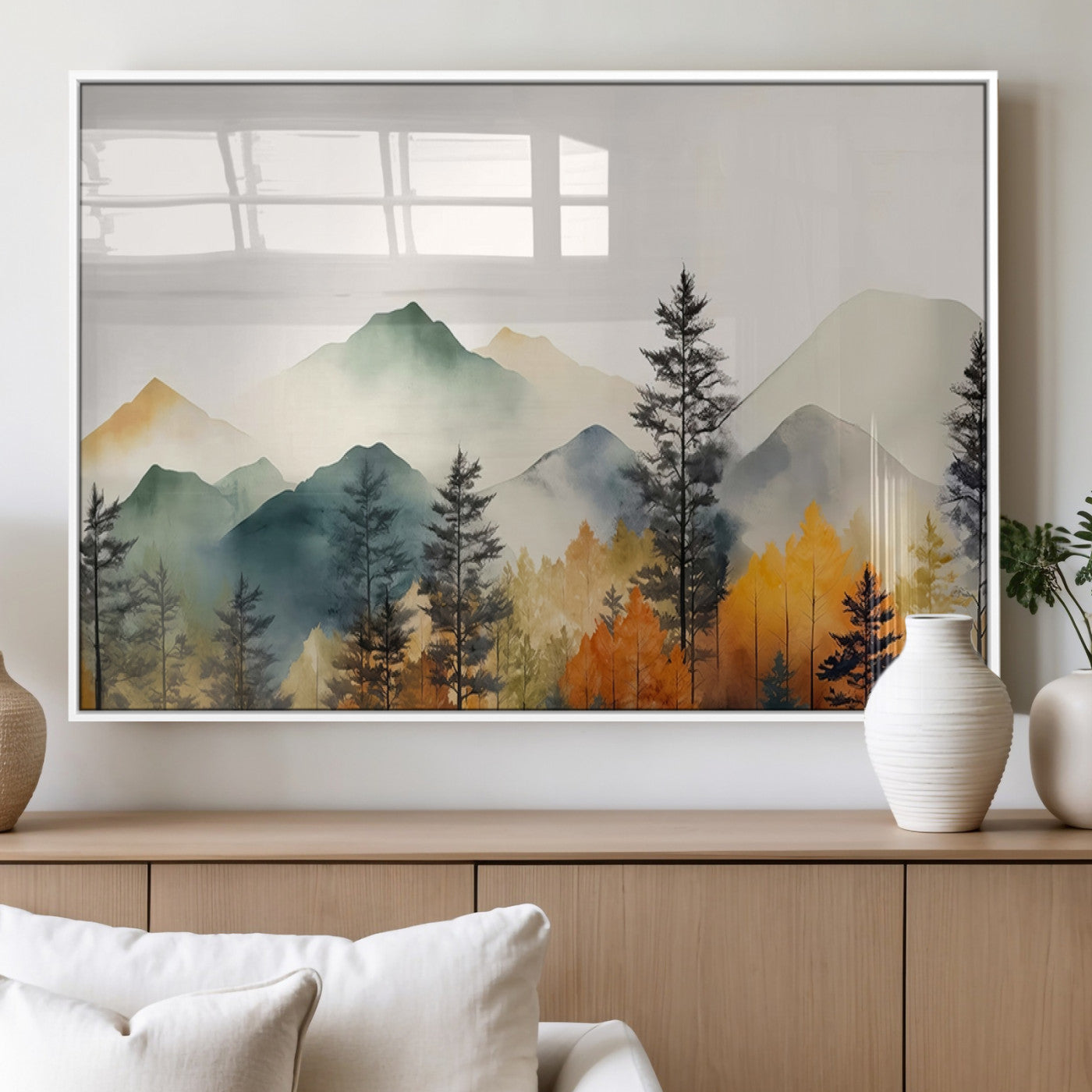 25689-MGV-FP-36X24-3P_White-Abstract Watercolor Mountains and Trees Autumn Wall Art, Mountains and Trees Autumn Wall Art Canvas
