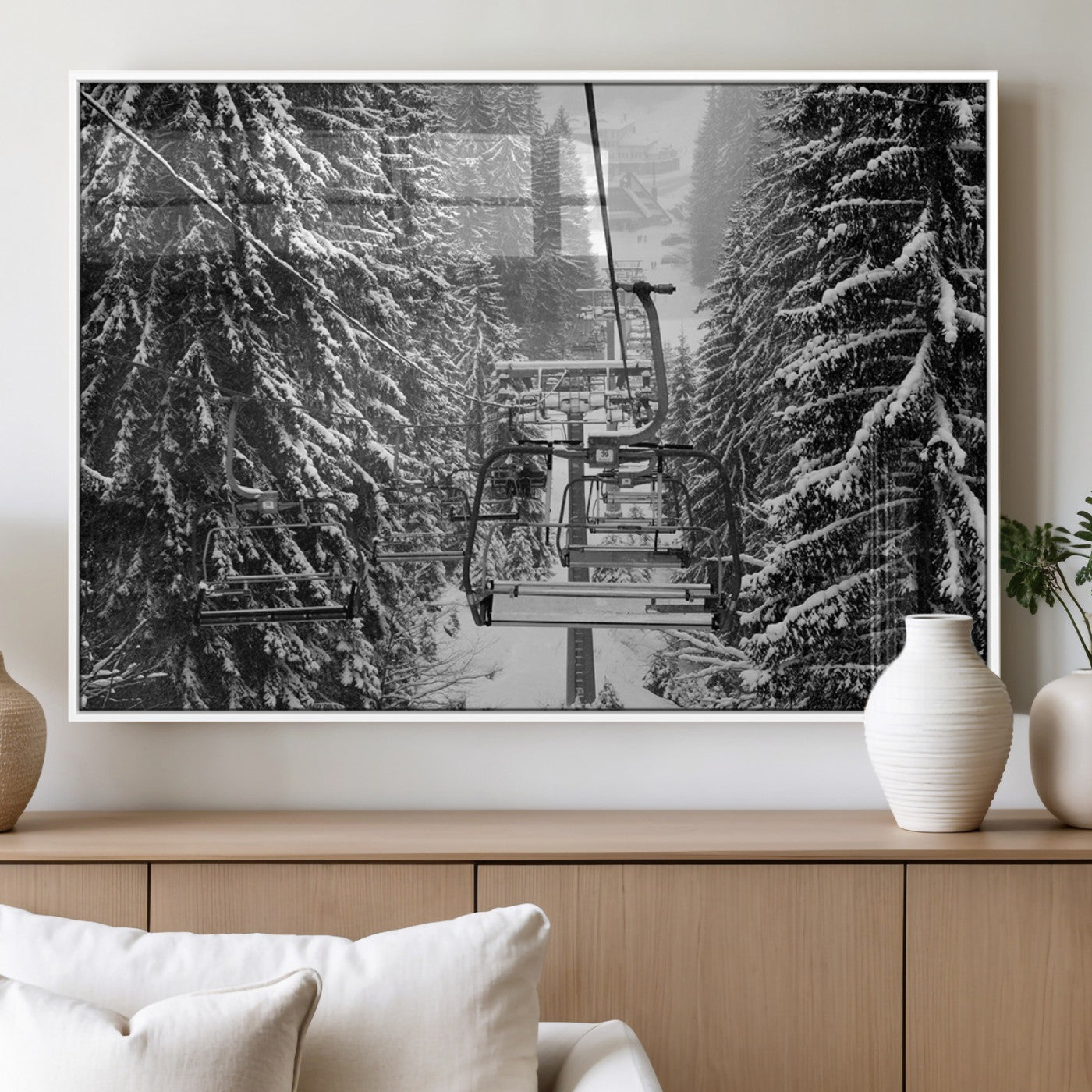 19240-MGV-FP-36X24-3P_White-Winter Ski Lift Black and White Canvas Wall Art – Alpine Escape in Minimalist Style – Winter Ski